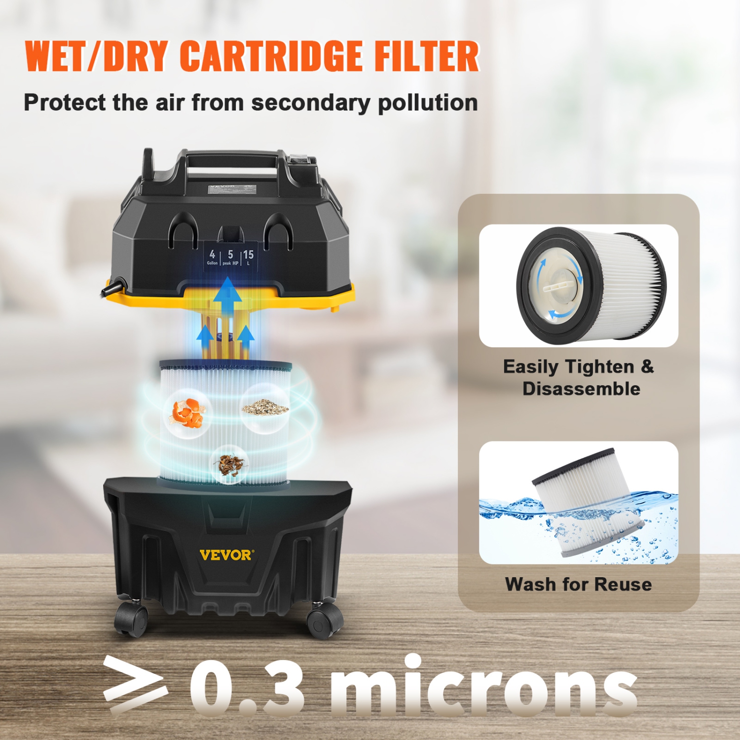 VEVOR 4 Gallon, Wet Dry Vac, 5 Peak HP, 3 in 1 Shop Vacuum with Blowing Function Portable Attachments to Clean Floor, Upholstery, Gap, Car, ETL