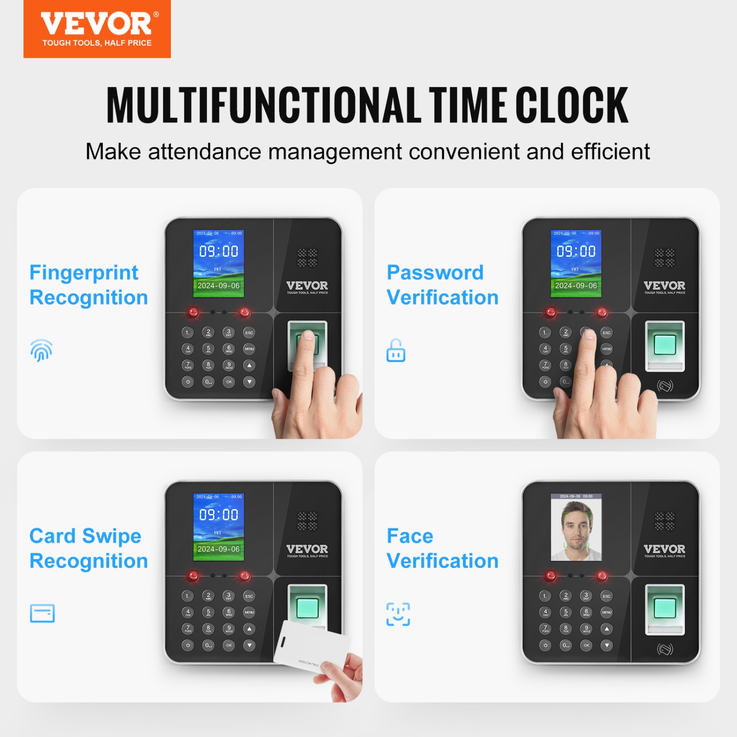 VEVOR 5 RFID Cards & USB Drive, Time Clocks for Employees Business with Face,Fingerprint,RFID and PIN Punching in One, Biometric Time Clock Automatic