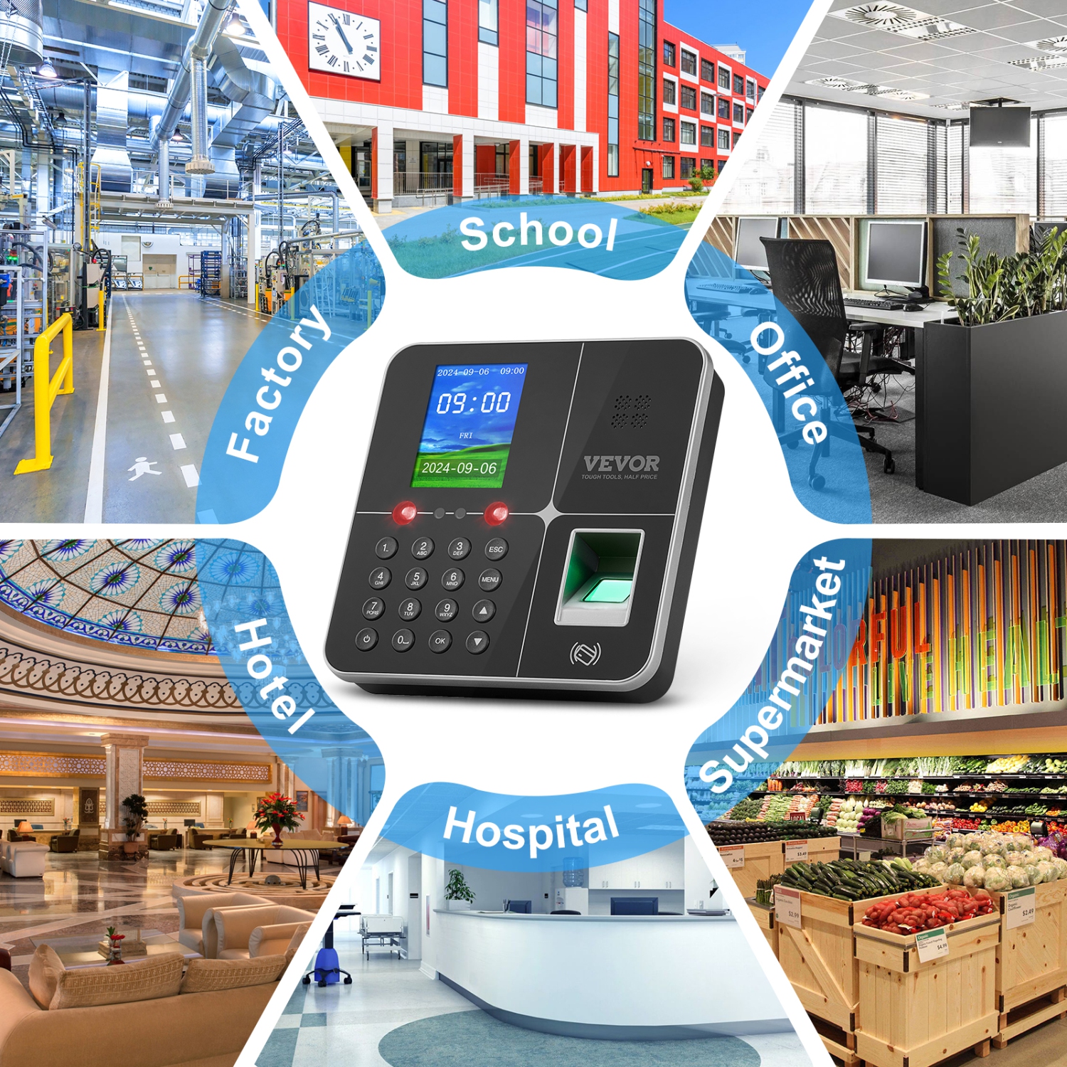 VEVOR 5 RFID Cards & USB Drive, Time Clocks for Employees Business with Face,Fingerprint,RFID and PIN Punching in One, Biometric Time Clock Automatic