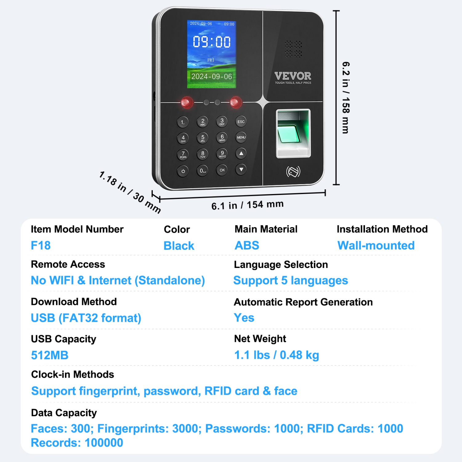 VEVOR 5 RFID Cards & USB Drive, Time Clocks for Employees Business with Face,Fingerprint,RFID and PIN Punching in One, Biometric Time Clock Automatic