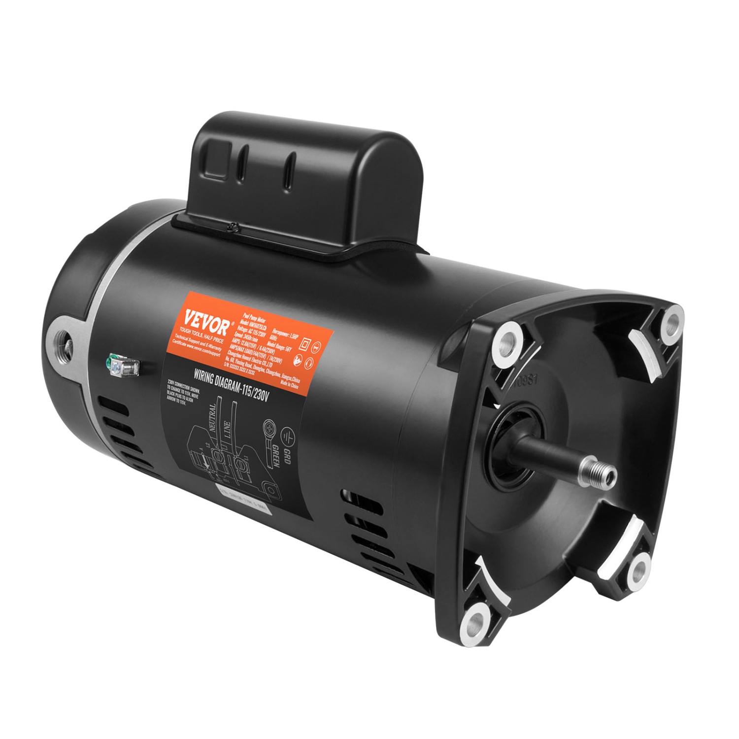 VEVOR 1.5 HP Pool Pump Motor, 56Y Frame, 115V((12.8 Amps))/230V(6.4 Amps) 3450 RPM, 60Hz, 1.1 Service Factor, 90μF/250V Capacitor, CCW Rotation