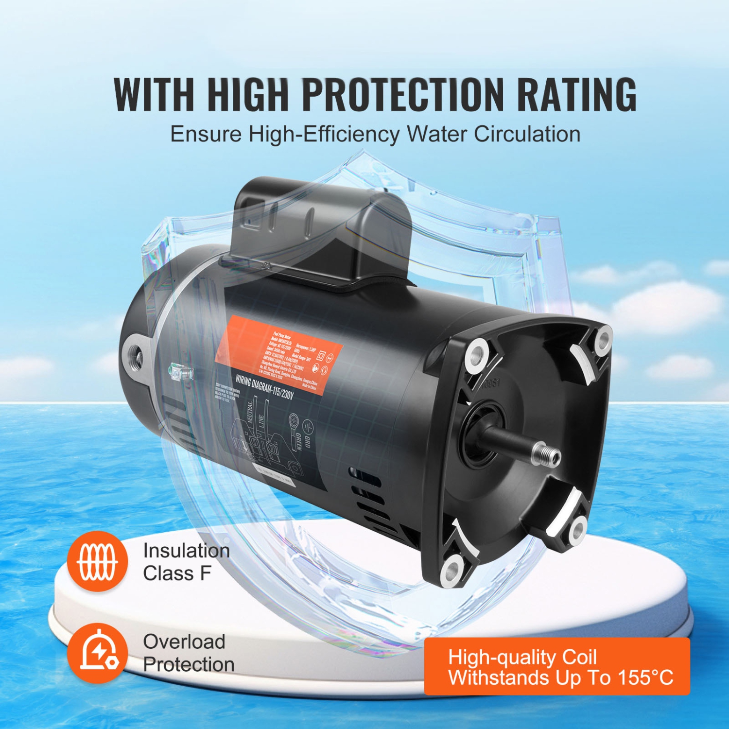 VEVOR 1.5 HP Pool Pump Motor, 56Y Frame, 115V((12.8 Amps))/230V(6.4 Amps) 3450 RPM, 60Hz, 1.1 Service Factor, 90μF/250V Capacitor, CCW Rotation