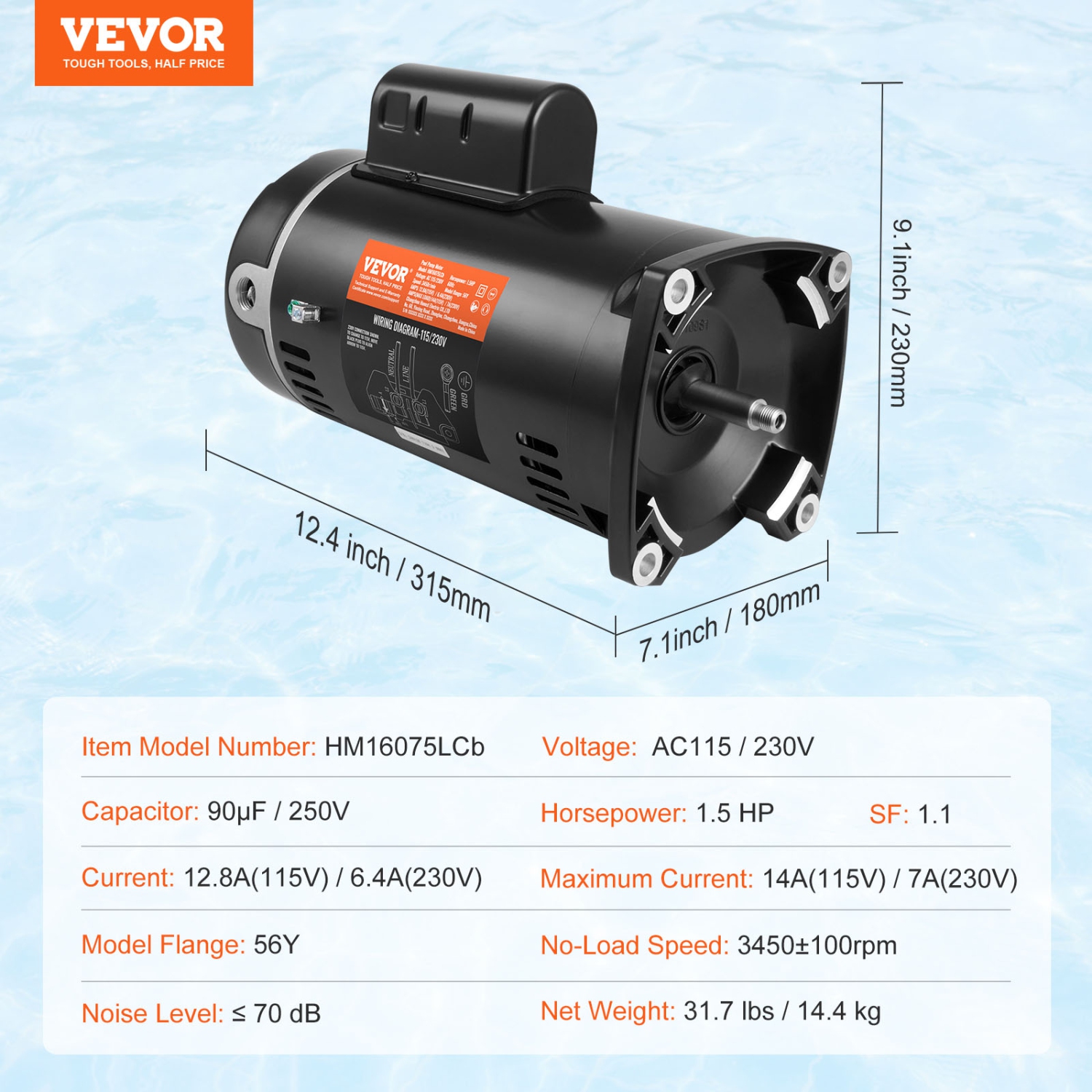 VEVOR 1.5 HP Pool Pump Motor, 56Y Frame, 115V((12.8 Amps))/230V(6.4 Amps) 3450 RPM, 60Hz, 1.1 Service Factor, 90μF/250V Capacitor, CCW Rotation