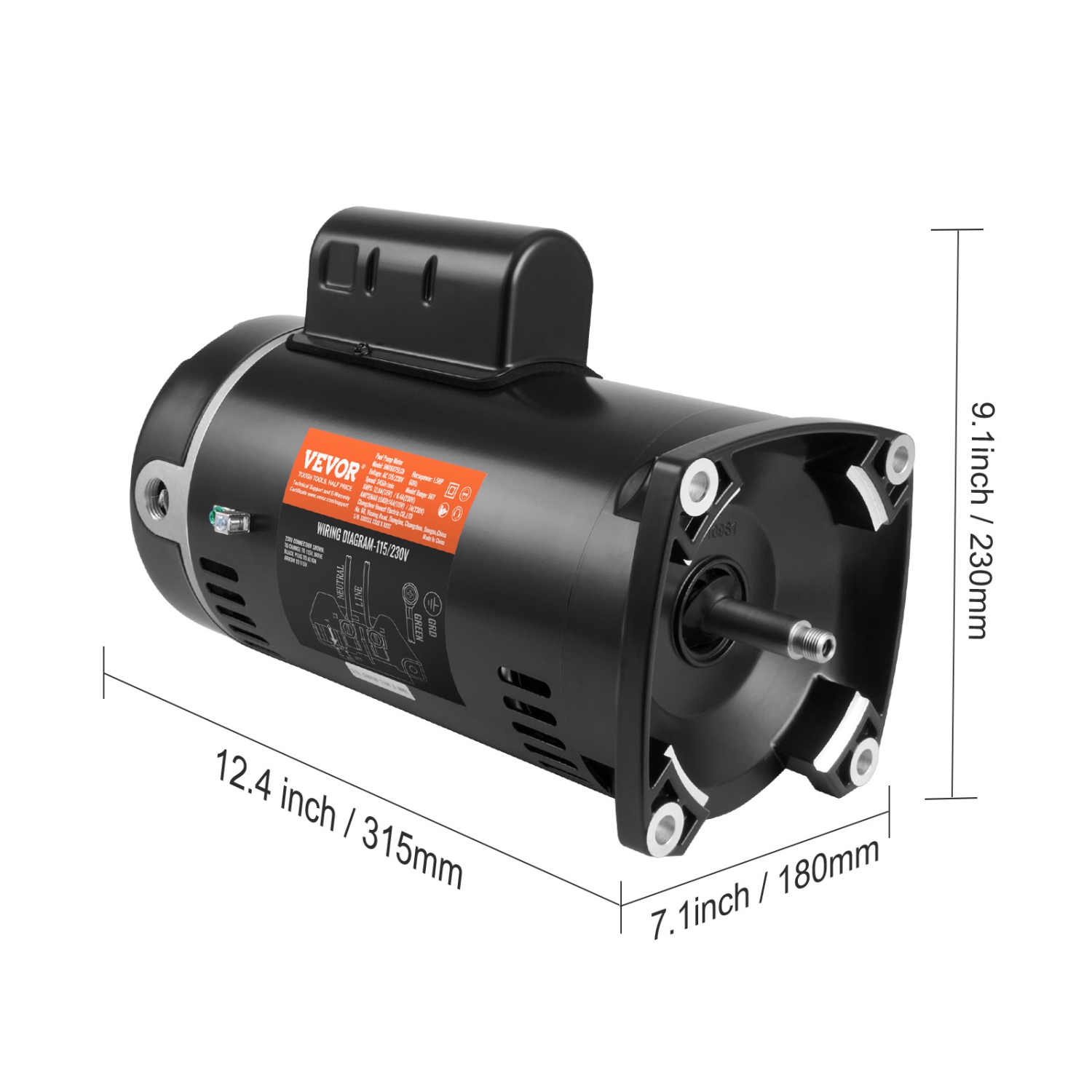 VEVOR 1.5 HP Pool Pump Motor, 56Y Frame, 115V((12.8 Amps))/230V(6.4 Amps) 3450 RPM, 60Hz, 1.1 Service Factor, 90μF/250V Capacitor, CCW Rotation