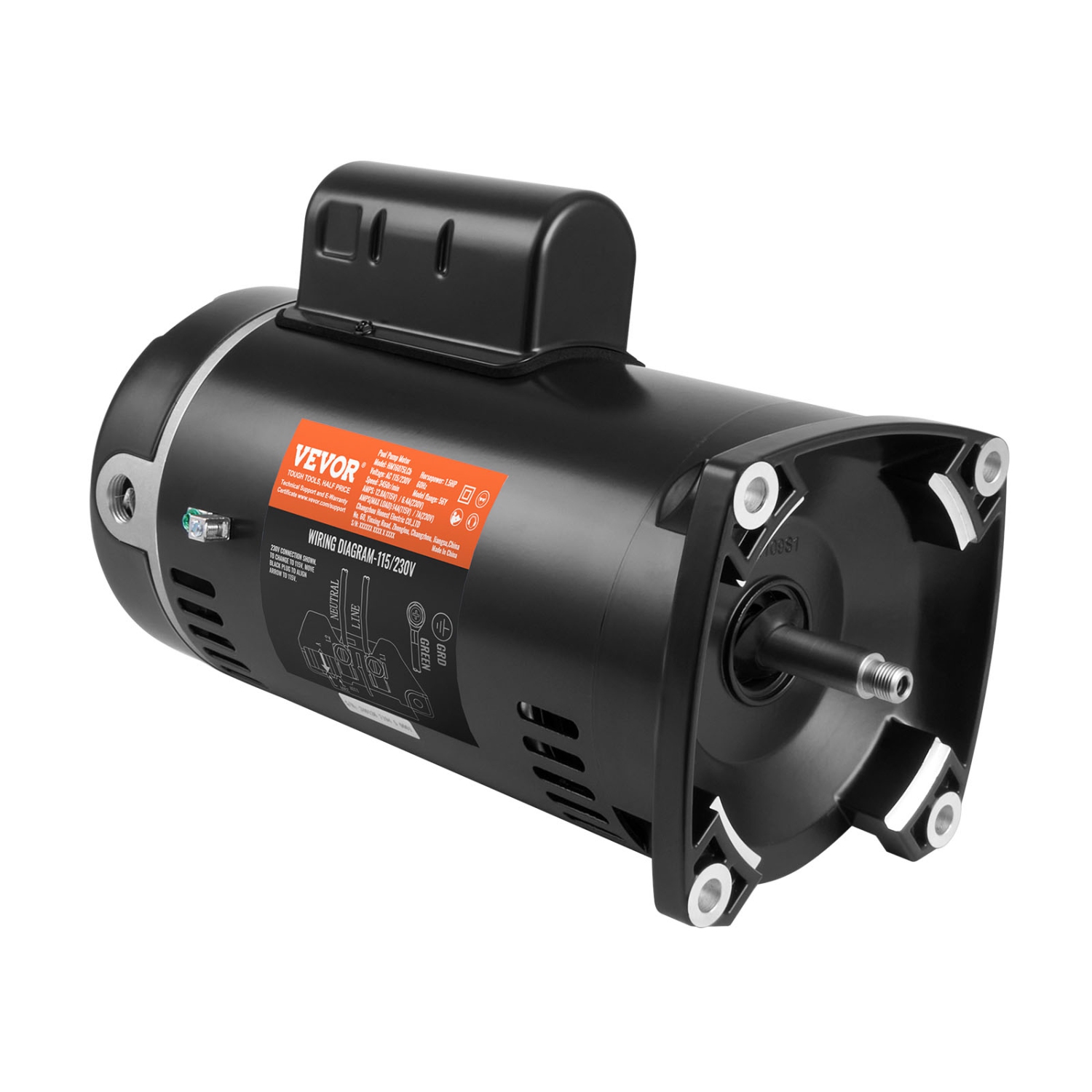 VEVOR 1.5 HP Pool Pump Motor, 56Y Frame, 115V((12.8 Amps))/230V(6.4 Amps) 3450 RPM, 60Hz, 1.1 Service Factor, 90μF/250V Capacitor, CCW Rotation