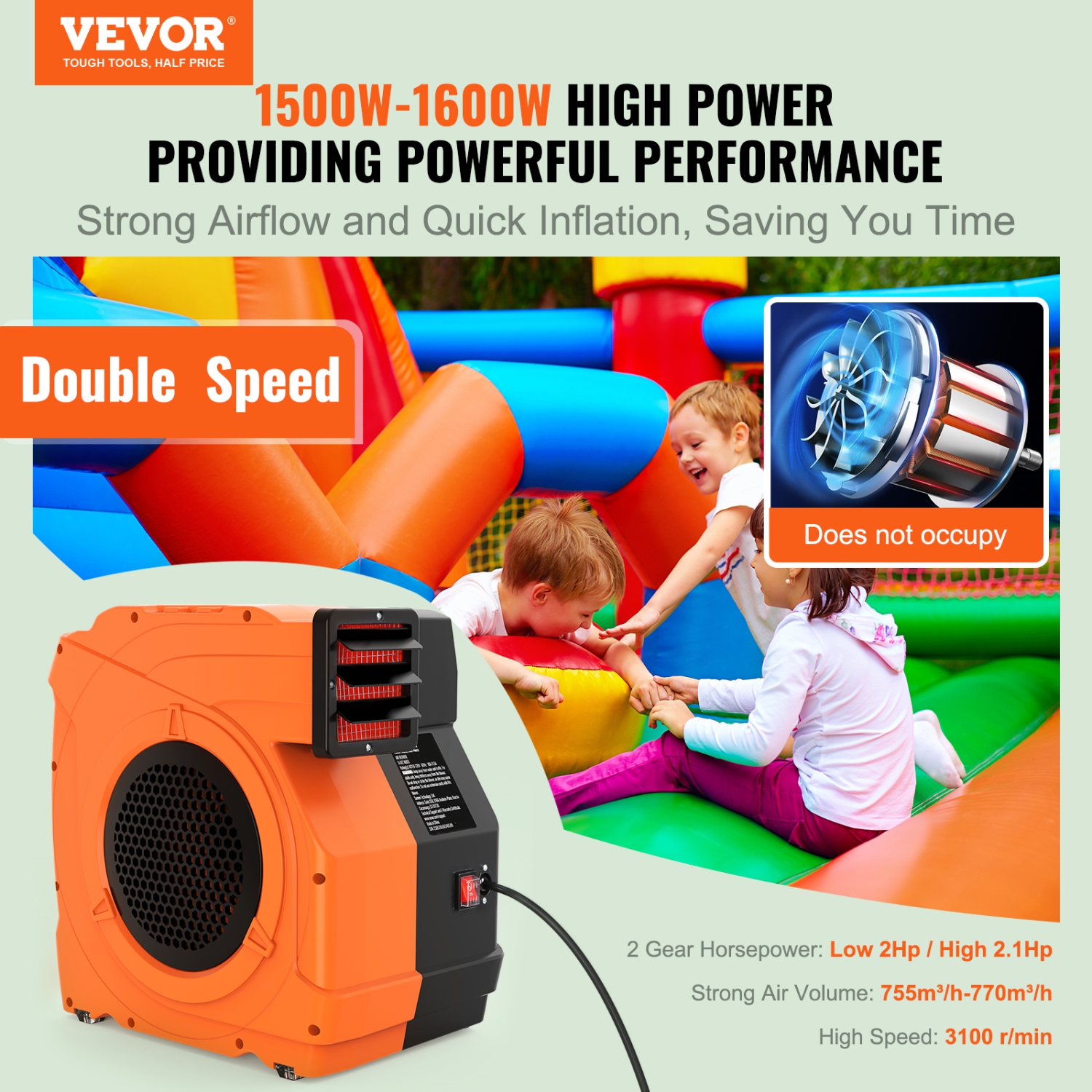 VEVOR 1500W Inflatable Blower, 2 & 2.1 HP Bounce House Blower, Pump Commercial Air Blower for Inflatables, 3100 RPM Bouncy Castle Electric Fan,