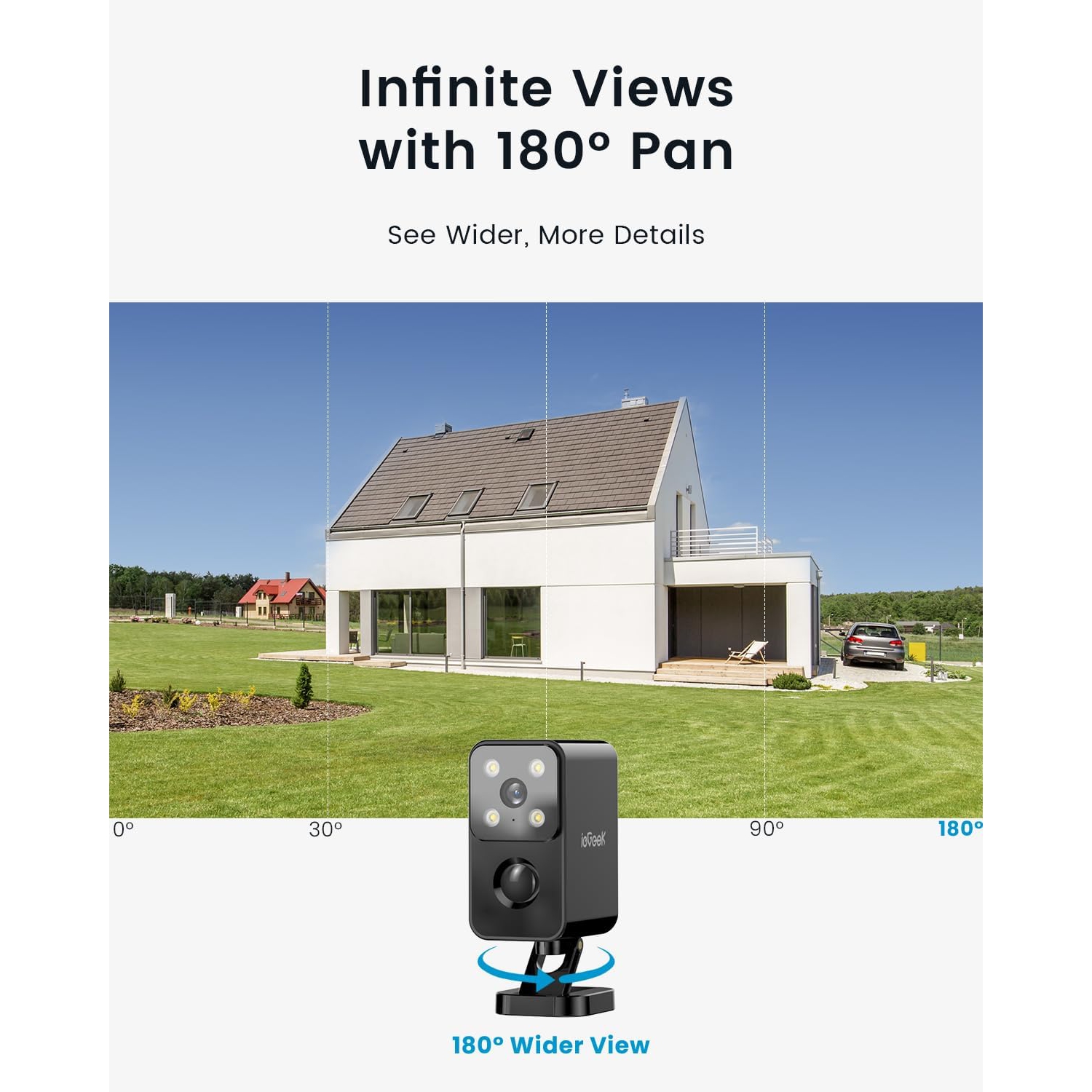 Caméras de sécurité sans fil extérieures, maison Caméras de sécurité Wi-Fi panoramiques à 180° alimenté par batterie et vision nocturne 2K en