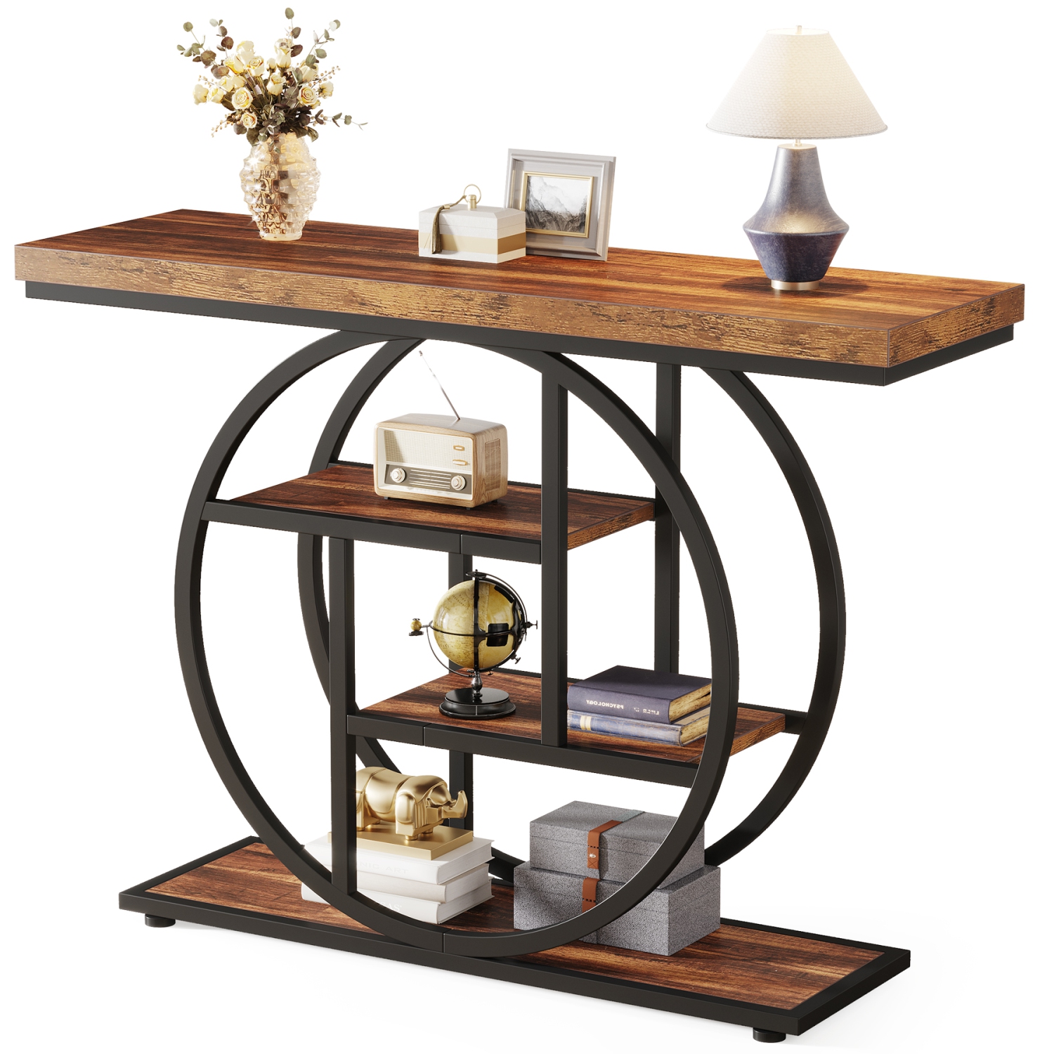 Lantine Four story foyer table,entrance table with circular base,narrow wooden decorative table with storage rack,suitable for modern small storage