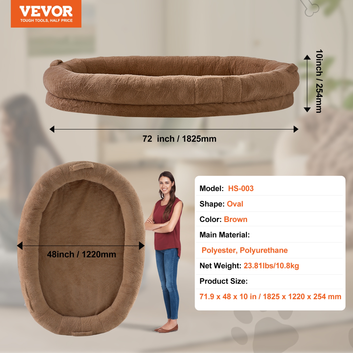 VEVOR 72" x48"x10" Human Dog Bed, Human Dog Bed for Adult, Human Size Dog Bed with Washable Faux Rabbit Fur Cover, Egg Orthopedic Foam, Storage