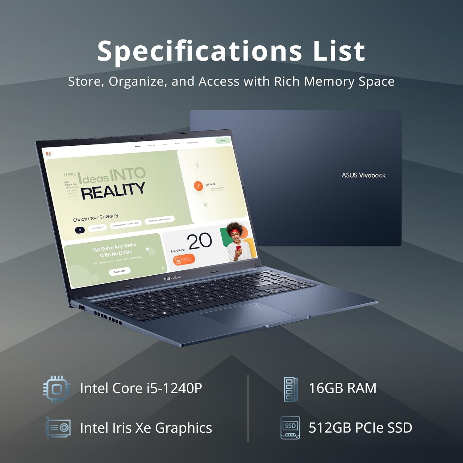 Open Box - ASUS VivoBook 15 Slim 15.6" FHD Laptop, Intel i5-1240P, 512GB PCIe SSD, 16GB RAM, Intel Iris Xe Graphics, Backlit KB, Fingerprint Reader,