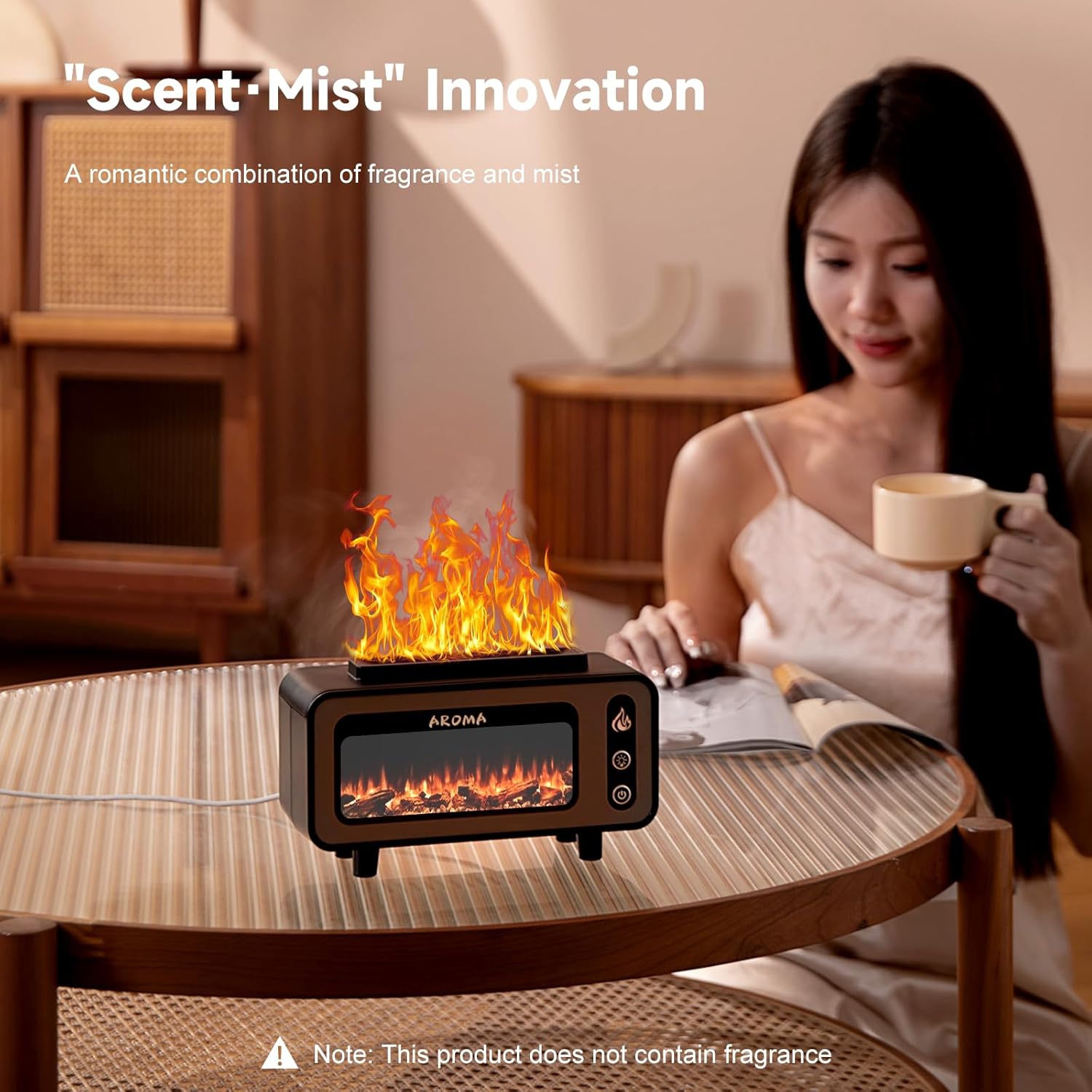 Flame Oil Diffuser, Aromatherapy Humidifier, Automatic Shutoff, Essential Oil Diffuser, Fireplace Flame Aromatherapy Diffuser for Spa Home Yoga