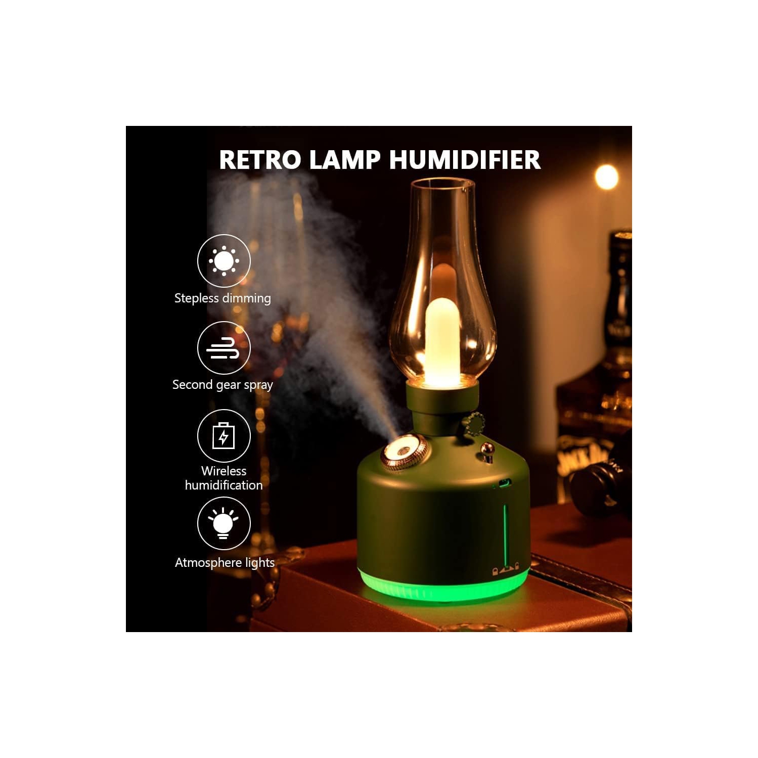Retro style kerosene lamp humidifier bedroom desktop aromatherapy machine USB small household humidifier - green