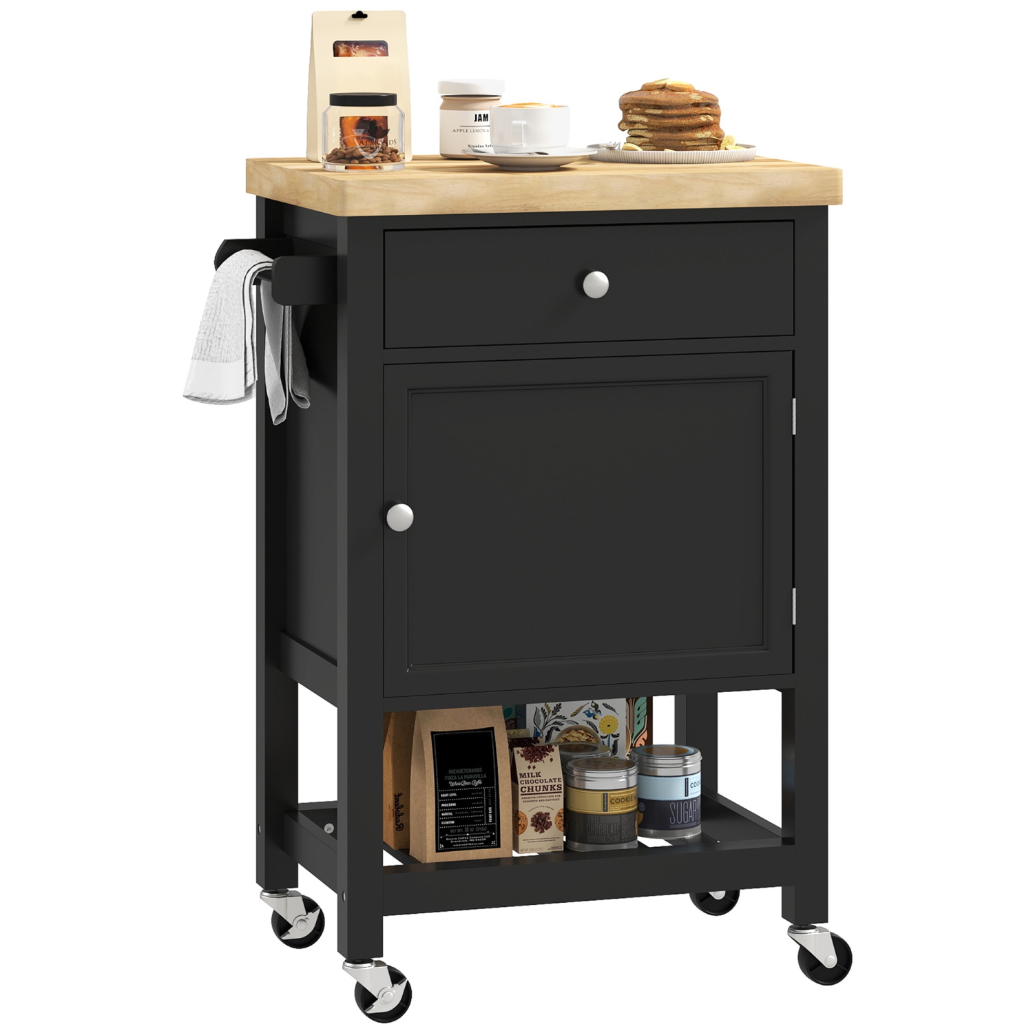 HOMCOM Rolling Kitchen Island Cart with Wood Top, Butcher Block Kitchen Cart on Wheels with Drawer, Storage Cabinet and Towel Rack, Black
