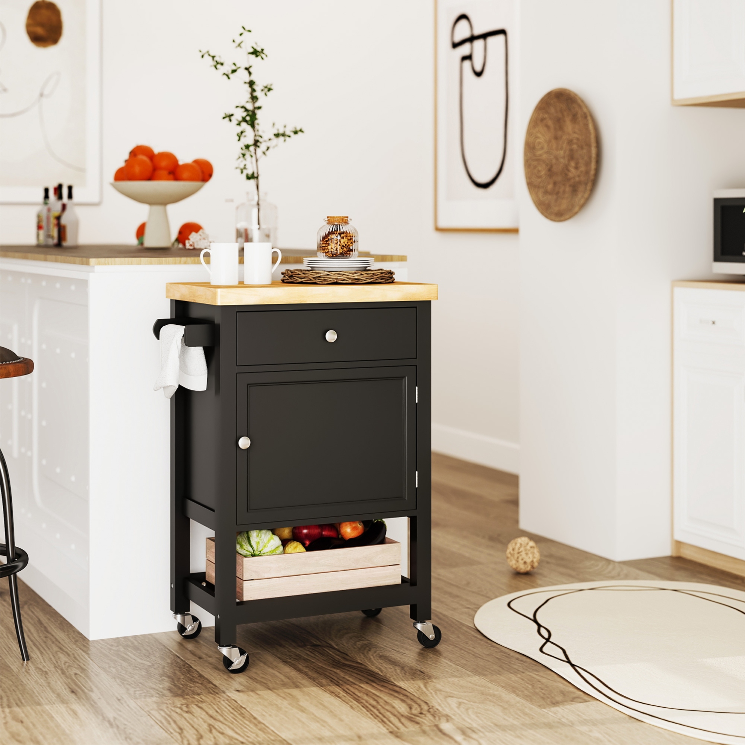 HOMCOM Rolling Kitchen Island Cart with Wood Top, Butcher Block Kitchen Cart on Wheels with Drawer, Storage Cabinet and Towel Rack, Black