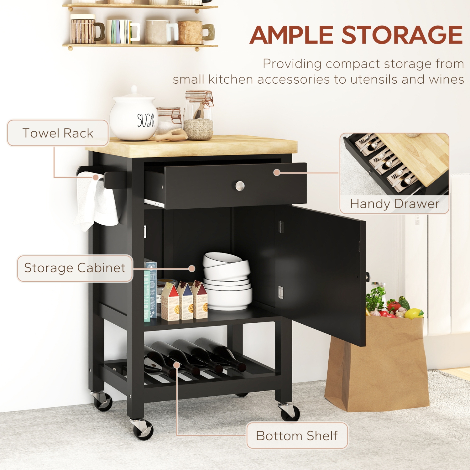 HOMCOM Rolling Kitchen Island Cart with Wood Top, Butcher Block Kitchen Cart on Wheels with Drawer, Storage Cabinet and Towel Rack, Black