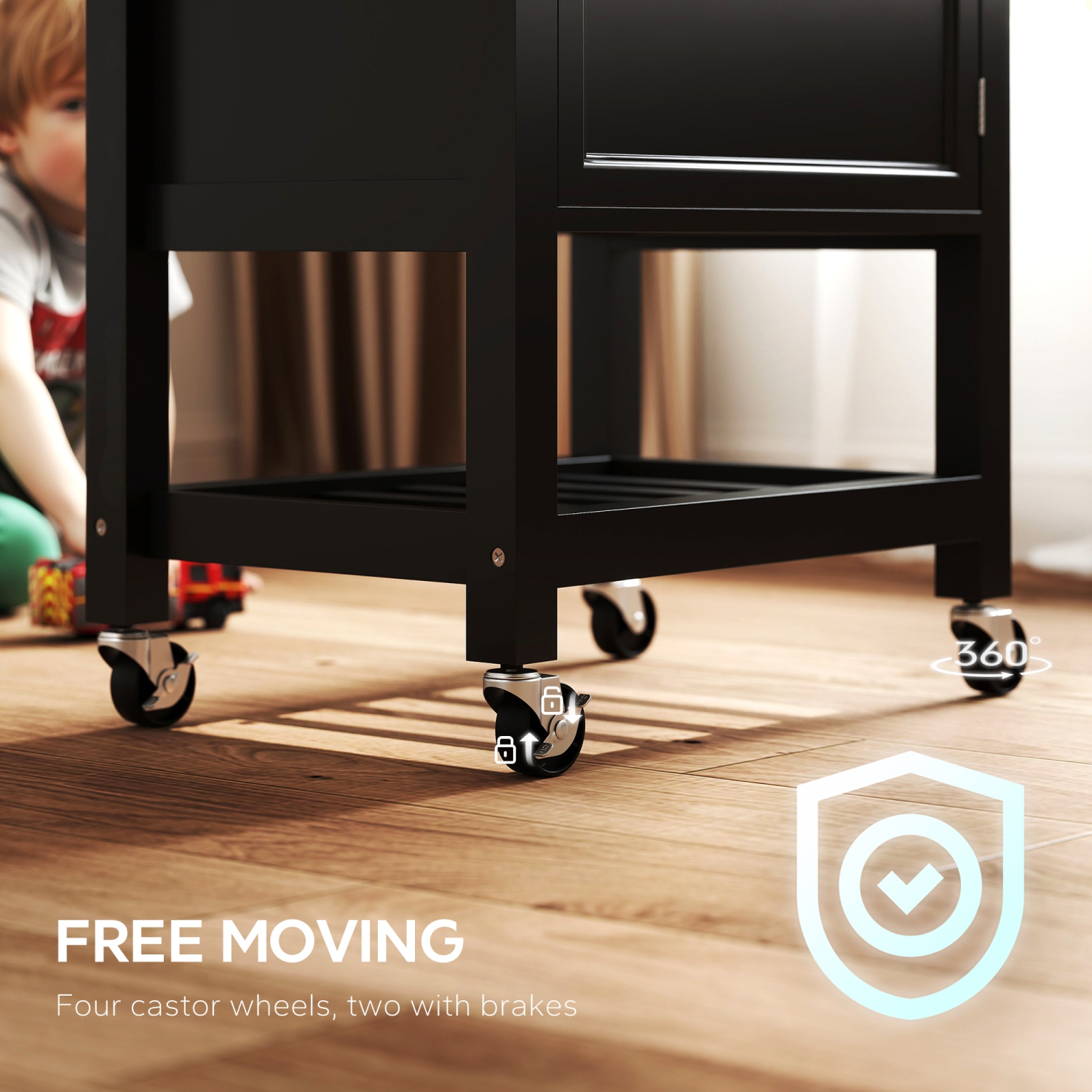 HOMCOM Rolling Kitchen Island Cart with Wood Top, Butcher Block Kitchen Cart on Wheels with Drawer, Storage Cabinet and Towel Rack, Black