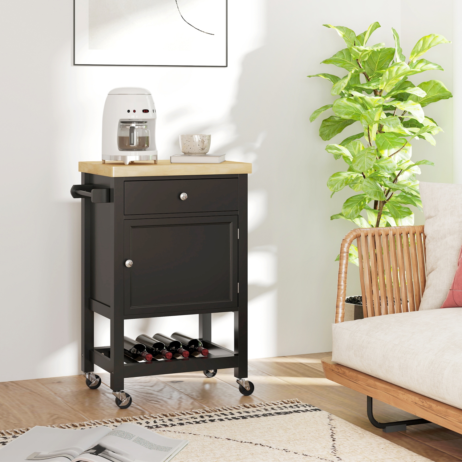 HOMCOM Rolling Kitchen Island Cart with Wood Top, Butcher Block Kitchen Cart on Wheels with Drawer, Storage Cabinet and Towel Rack, Black