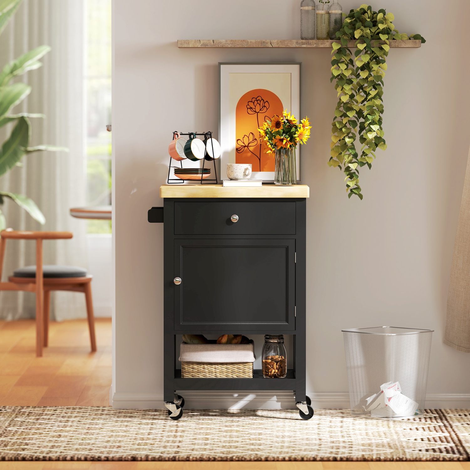 HOMCOM Rolling Kitchen Island Cart with Wood Top, Butcher Block Kitchen Cart on Wheels with Drawer, Storage Cabinet and Towel Rack, Black