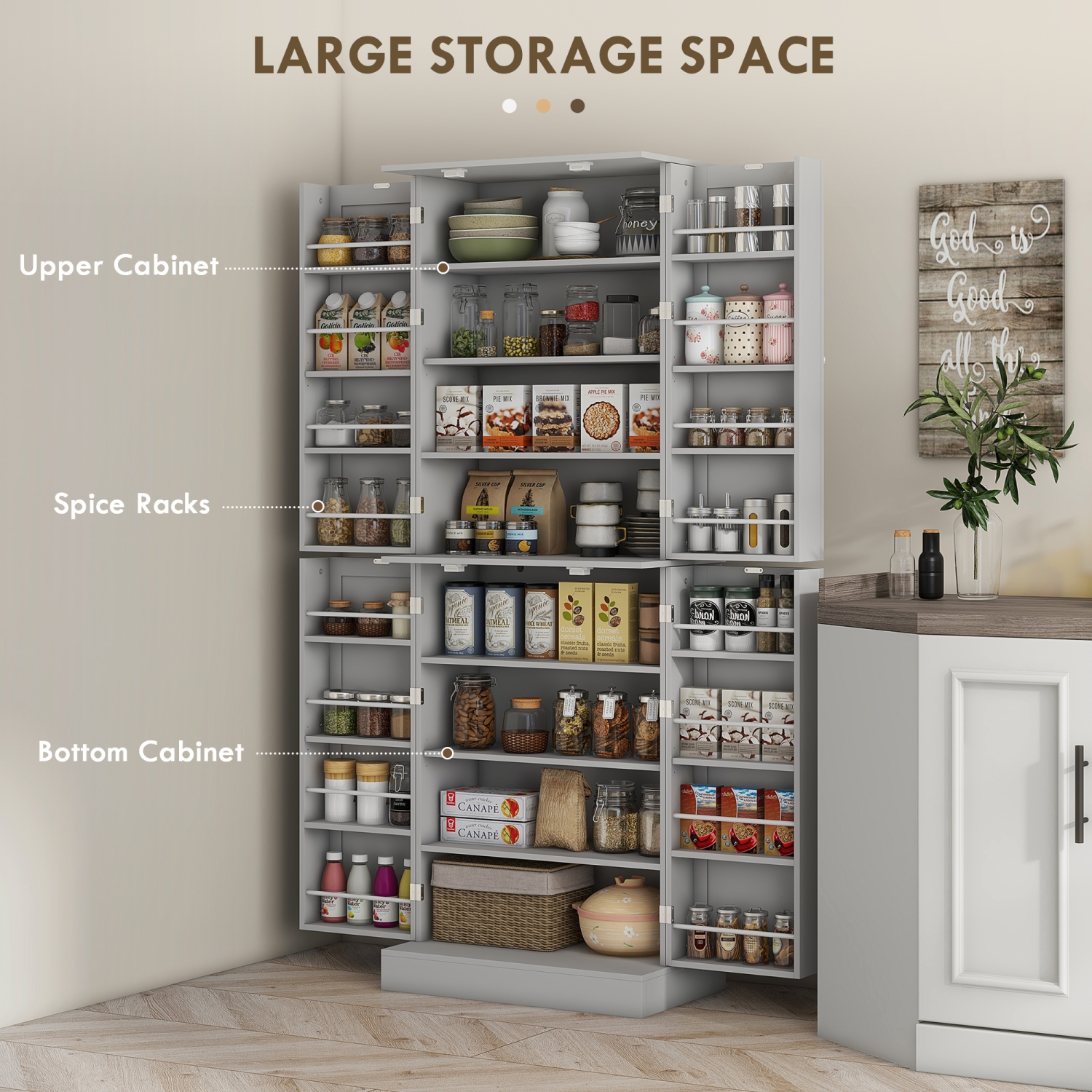 HOMCOM 65" Kitchen Pantry Cabinet, Modern Kitchen Pantry with Doors and Shelves, Freestanding Buffet Storage Cabinet with Spice Racks for Dining