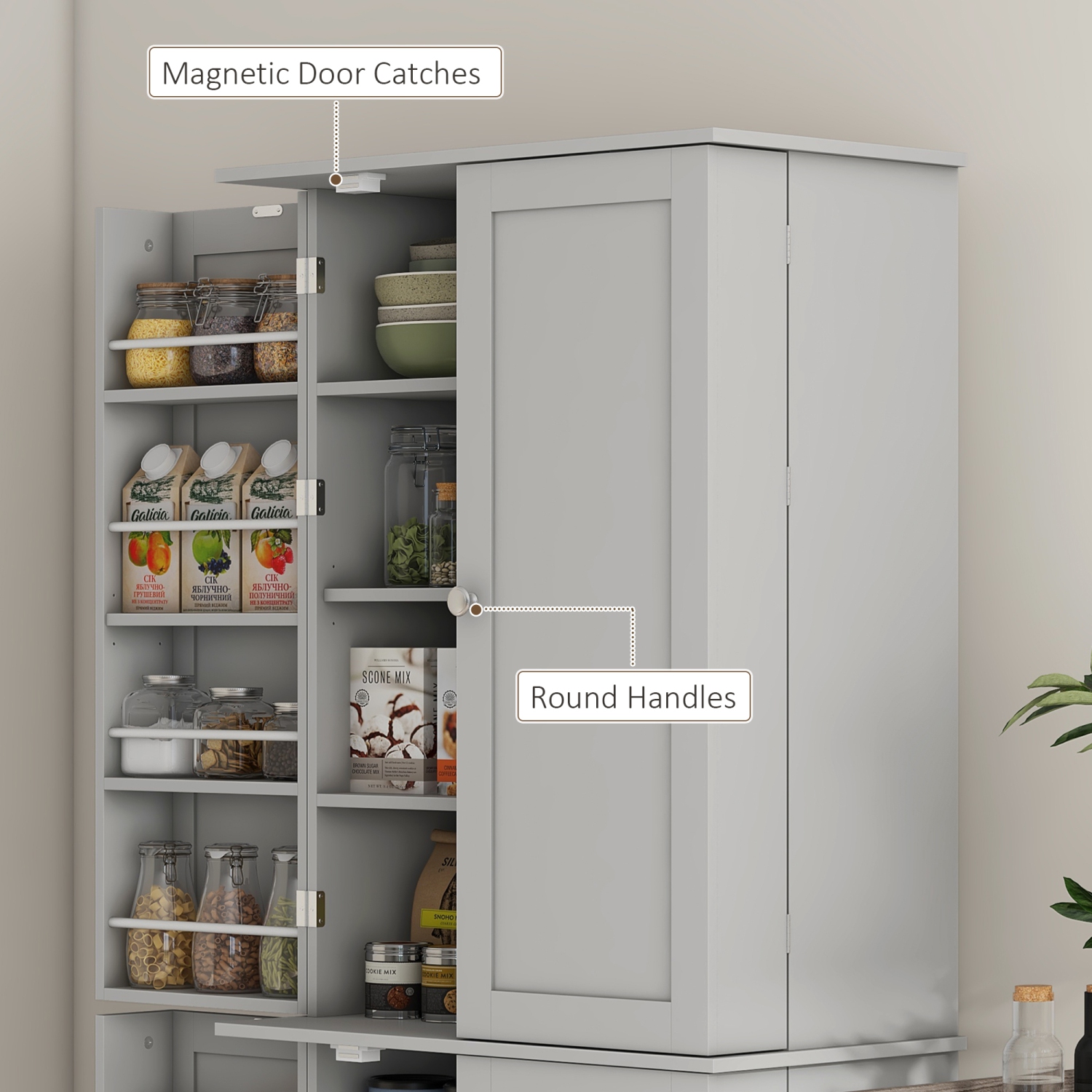 HOMCOM 65" Kitchen Pantry Cabinet, Modern Kitchen Pantry with Doors and Shelves, Freestanding Buffet Storage Cabinet with Spice Racks for Dining