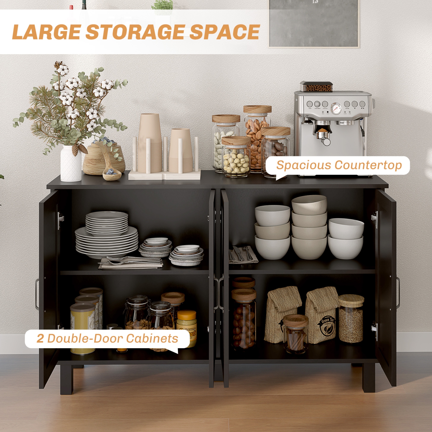 Armoire de buffet de 47 po avec 4 portes de grange et 2 tablettes réglables de HOMCOM, armoire de rangement de cuisine, meuble pour téléviseur