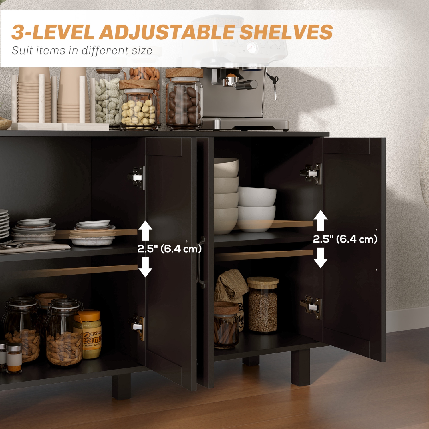 Armoire de buffet de 47 po avec 4 portes de grange et 2 tablettes réglables de HOMCOM, armoire de rangement de cuisine, meuble pour téléviseur