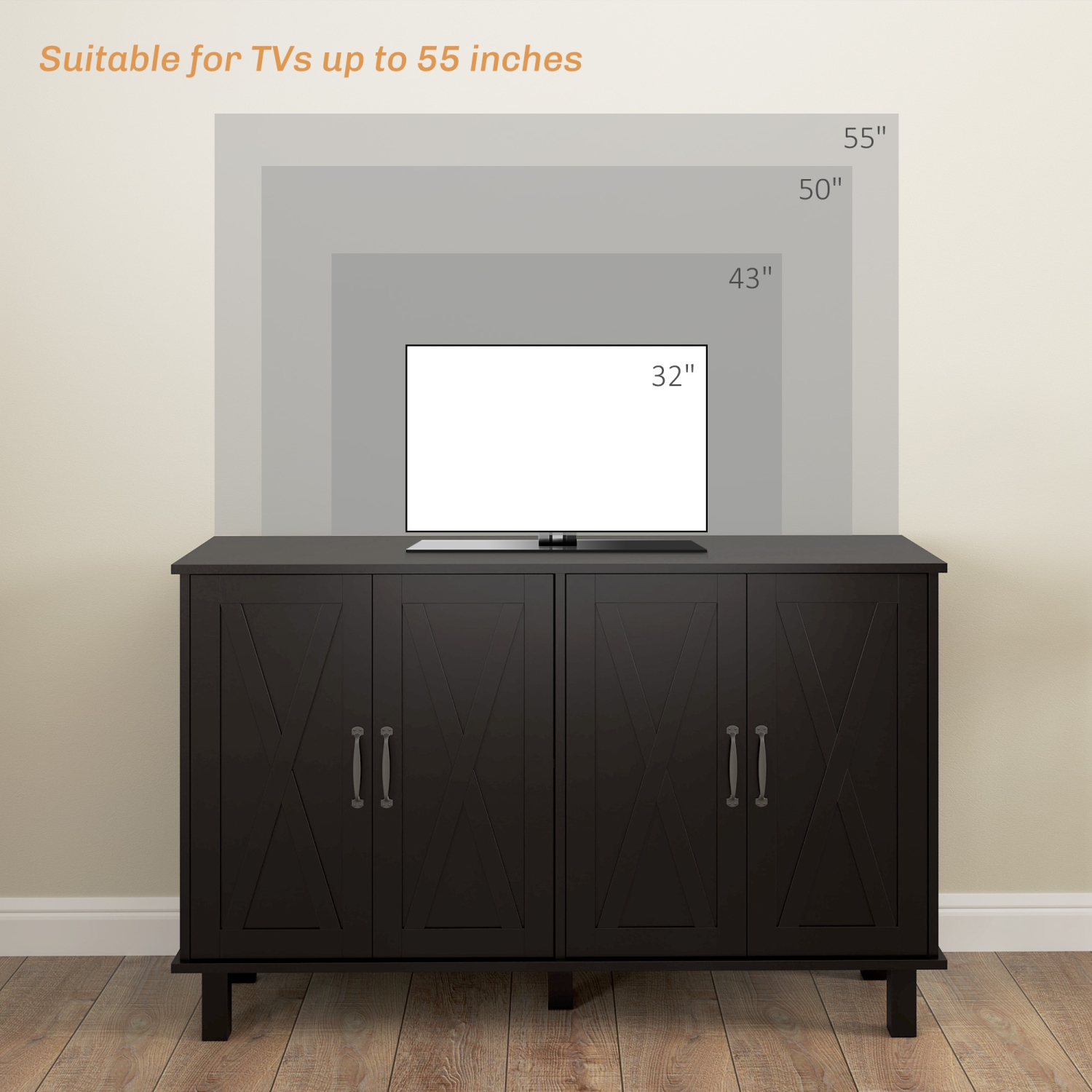 Armoire de buffet de 47 po avec 4 portes de grange et 2 tablettes réglables de HOMCOM, armoire de rangement de cuisine, meuble pour téléviseur