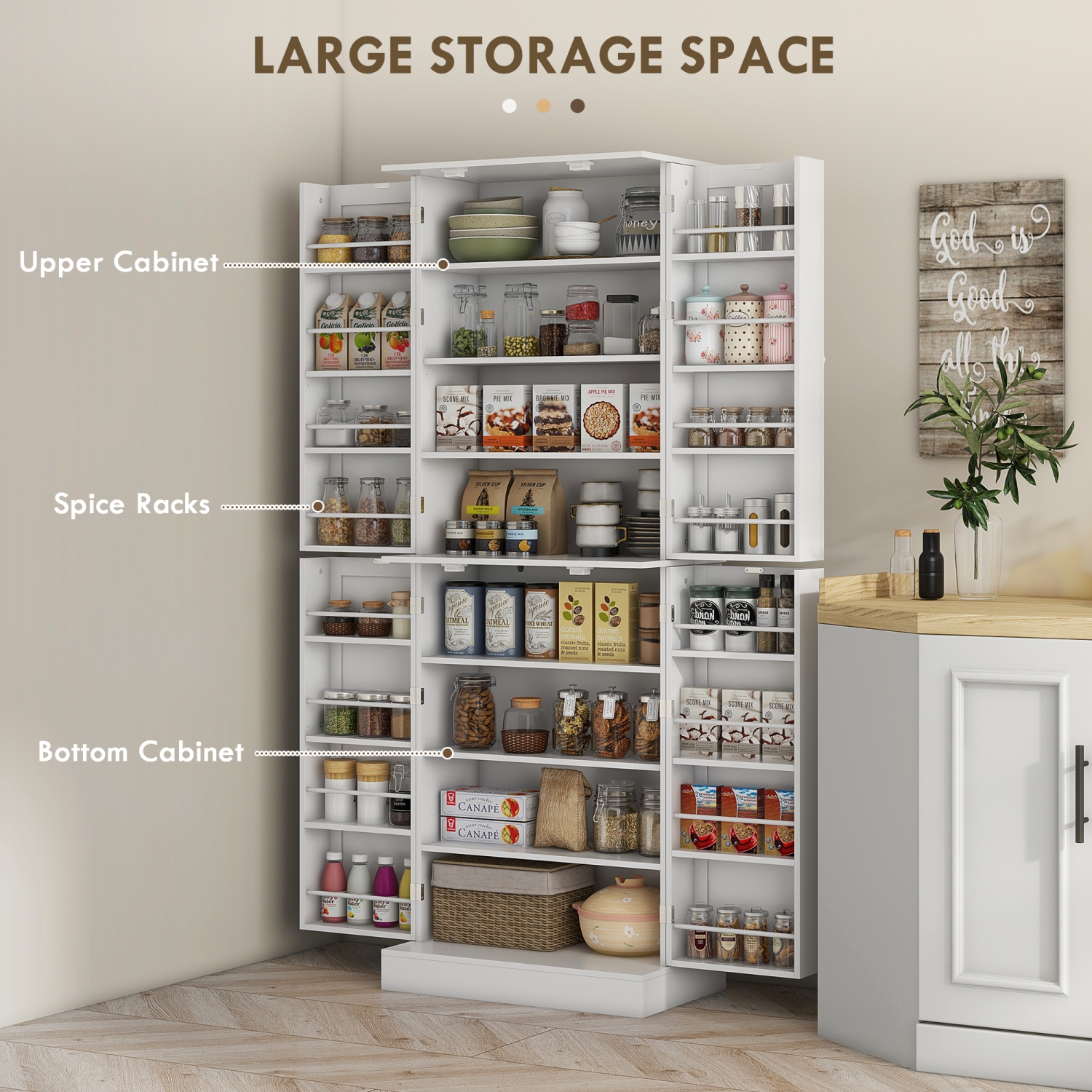 HOMCOM 65" Kitchen Pantry Cabinet, Modern Kitchen Pantry with Doors and Shelves, Freestanding Buffet Storage Cabinet with Spice Racks for Dining