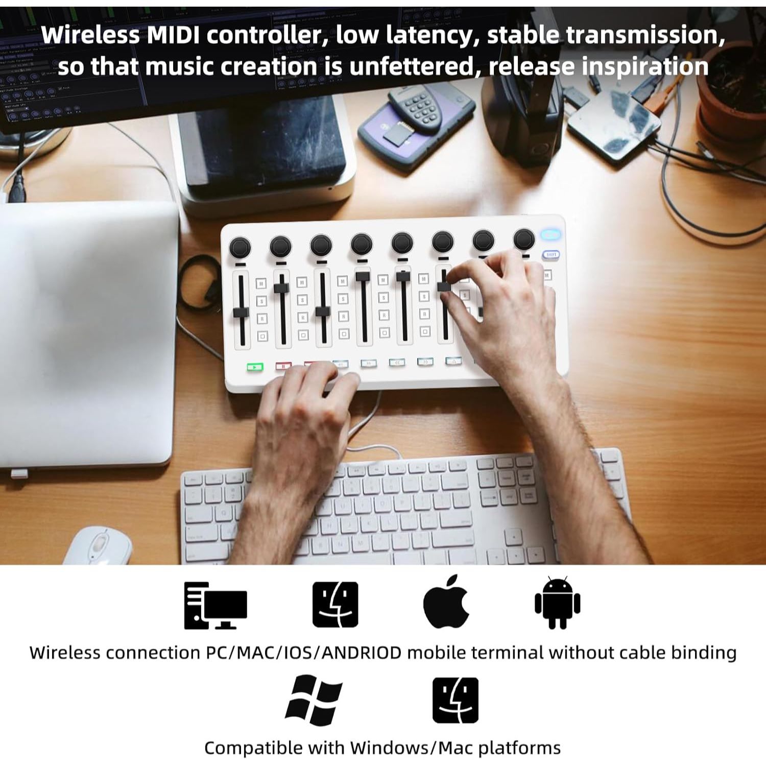 M-WAVE Wireless MIDI Controller - Bluetooth USB MIDI Mixer with 8 Knobs, DAW Integration - White