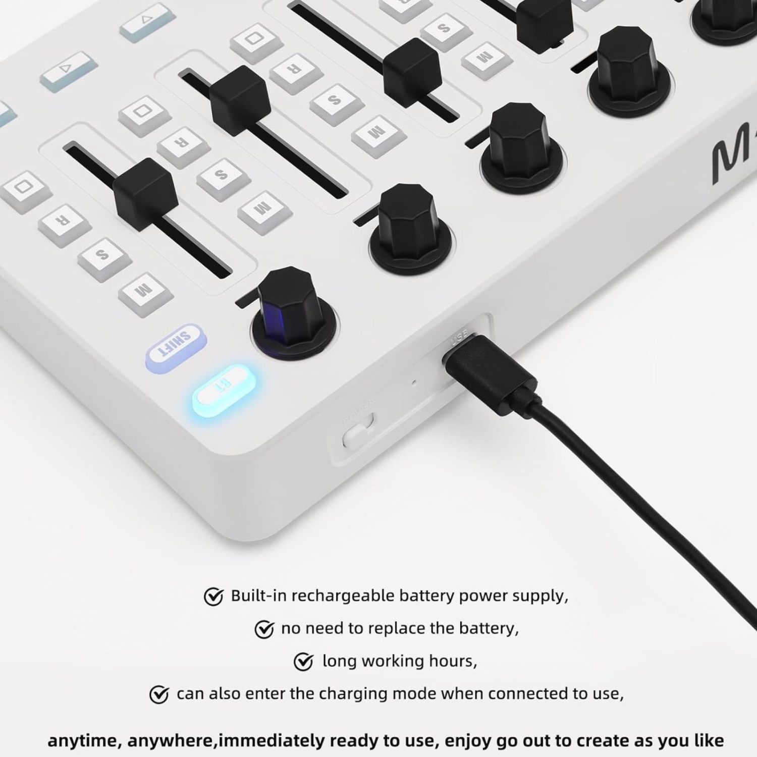 M-WAVE Wireless MIDI Controller - Bluetooth USB MIDI Mixer with 8 Knobs, DAW Integration - White