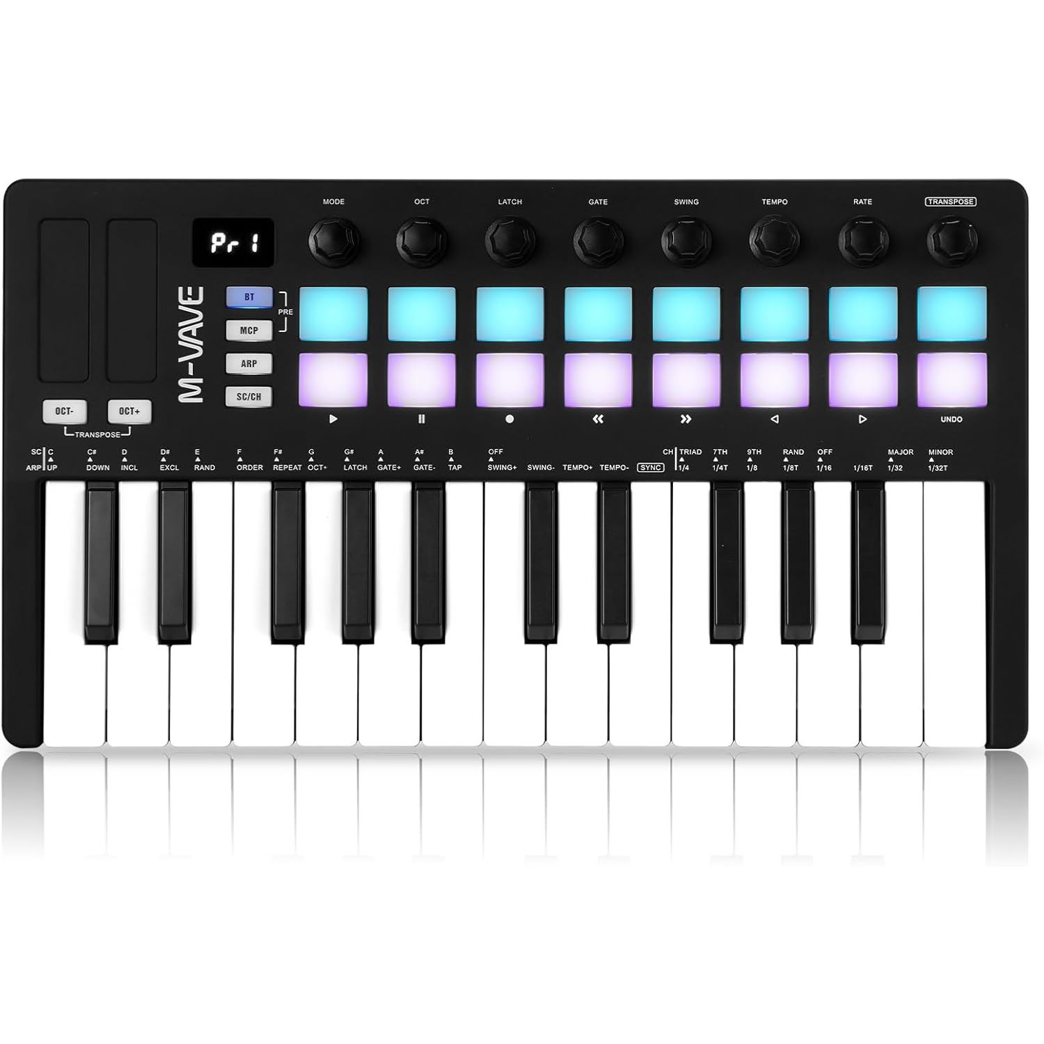 Contrôleur de clavier MIDI de M-WAVE - Bluetooth USB - 25 touches, 16 pavés, boutons, compatible DAW - Noir