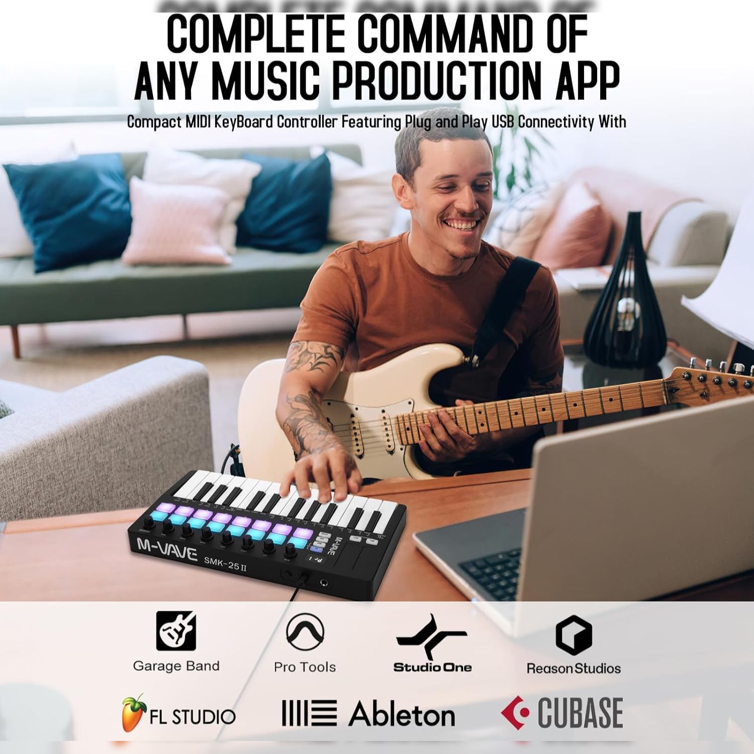 Contrôleur de clavier MIDI de M-WAVE - Bluetooth USB - 25 touches, 16 pavés, boutons, compatible DAW - Noir