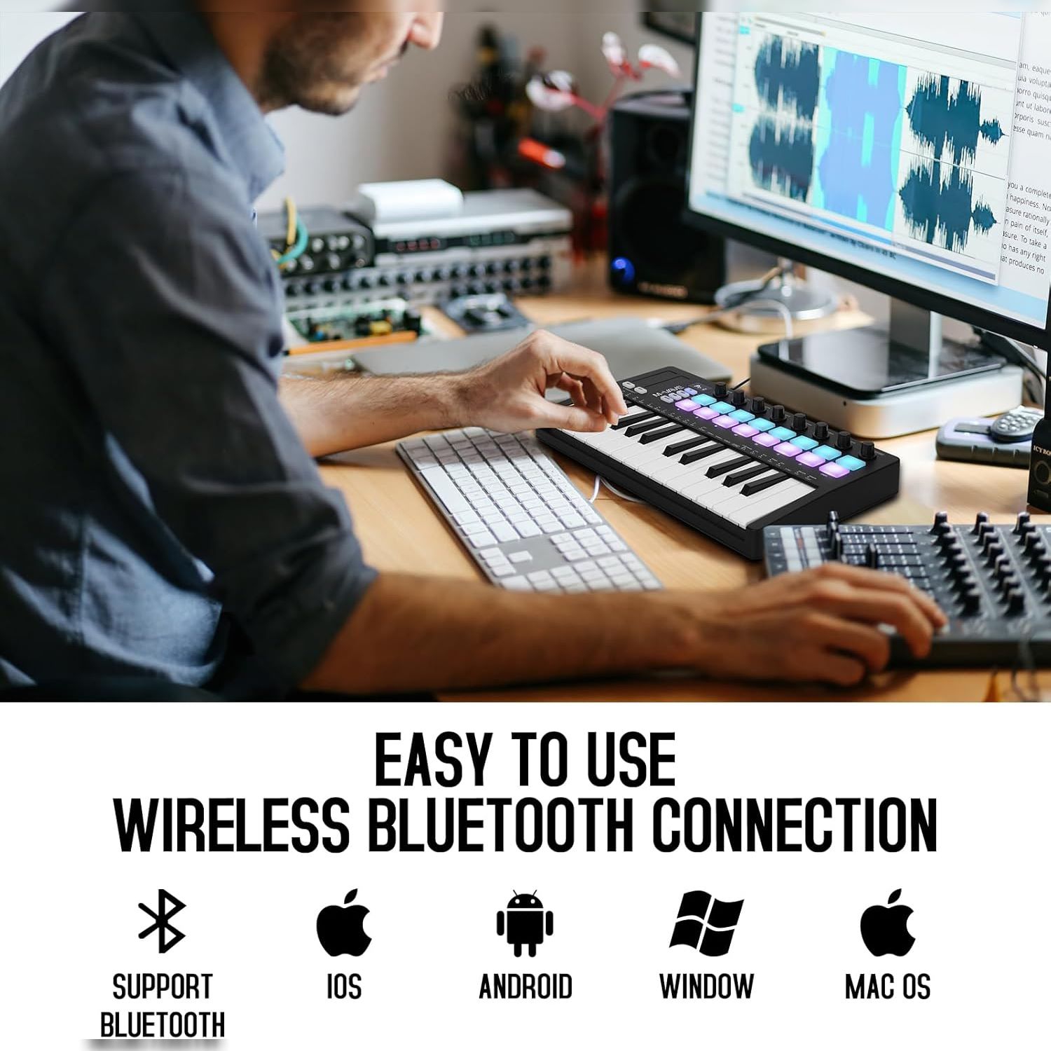 Contrôleur de clavier MIDI de M-WAVE - Bluetooth USB - 25 touches, 16 pavés, boutons, compatible DAW - Noir