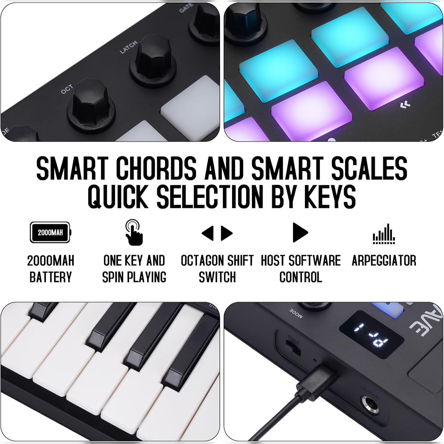 Contrôleur de clavier MIDI de M-WAVE - Bluetooth USB - 25 touches, 16 pavés, boutons, compatible DAW - Noir