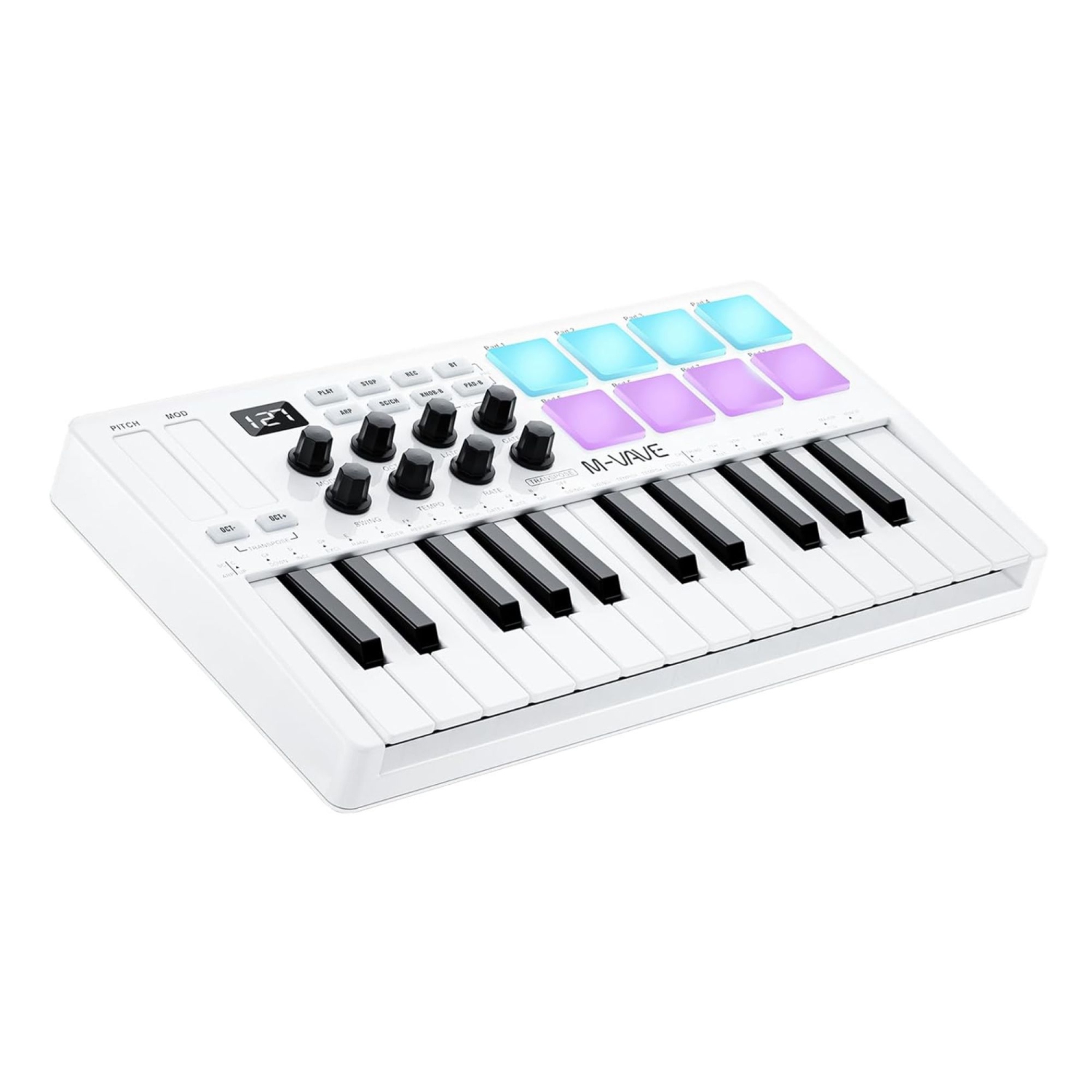 Clavier MIDI Bluetooth de M-WAVE - Clavier de contrôle à pavé numérique à 25 touches avec tambours, boutons - Blanc