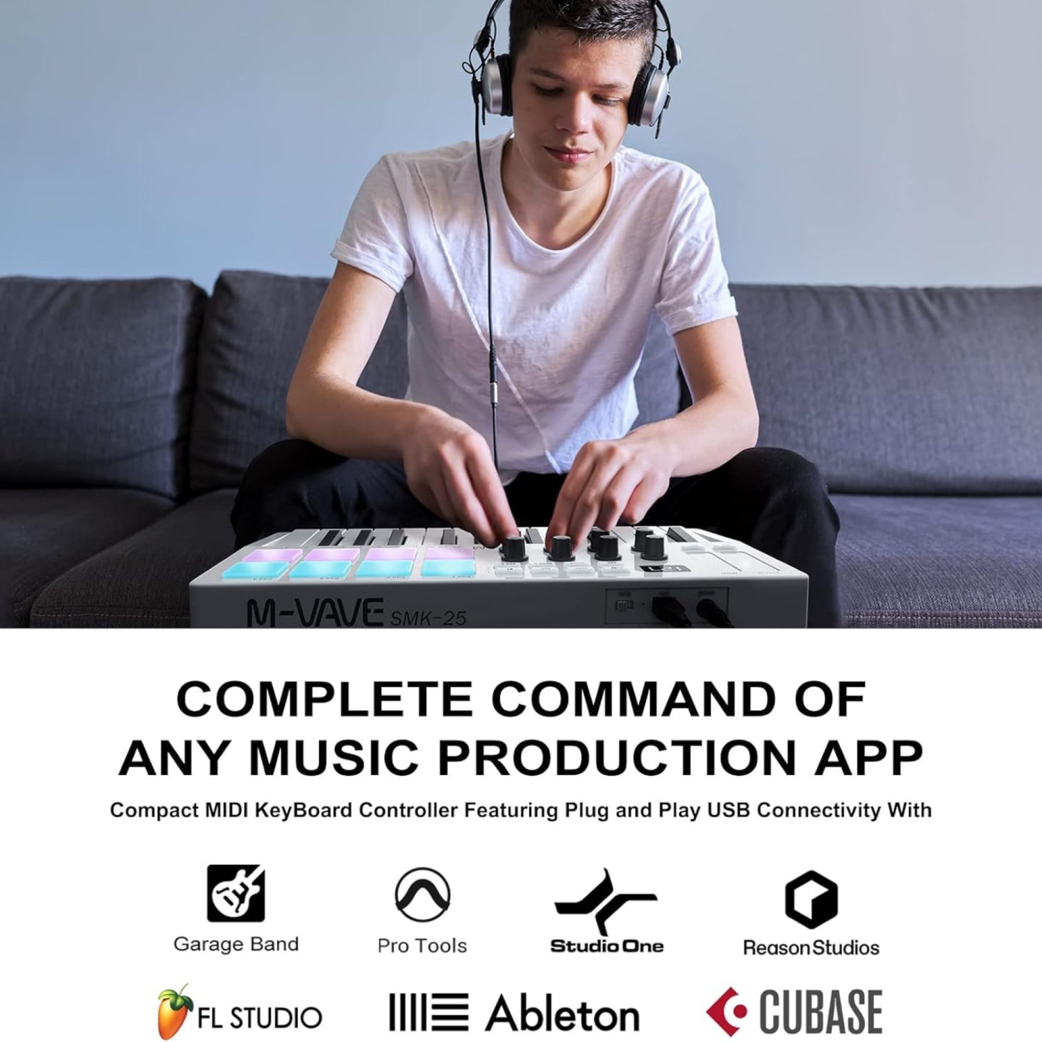 Clavier MIDI Bluetooth de M-WAVE - Clavier de contrôle à pavé numérique à 25 touches avec tambours, boutons - Blanc