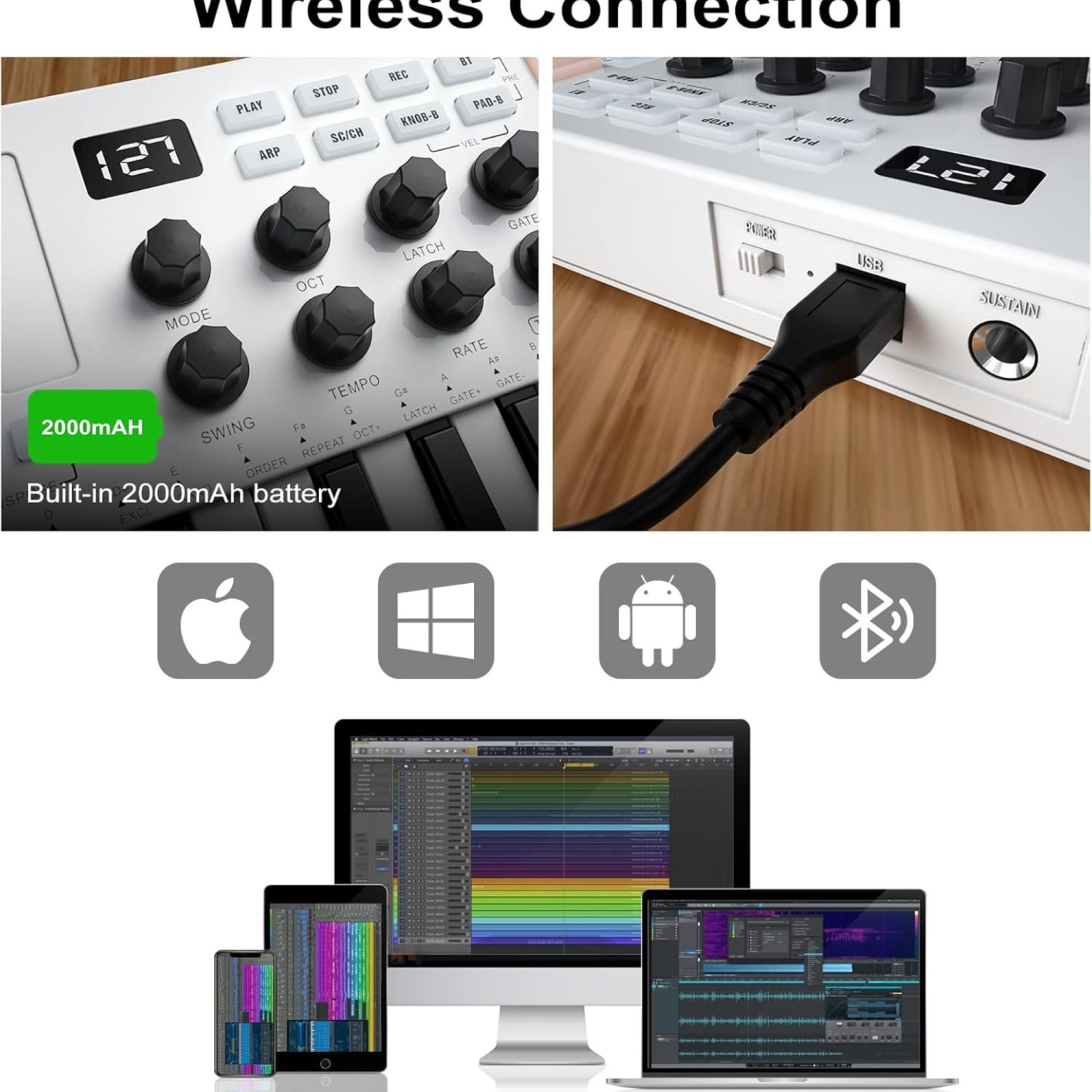 Clavier MIDI Bluetooth de M-WAVE - Clavier de contrôle à pavé numérique à 25 touches avec tambours, boutons - Blanc