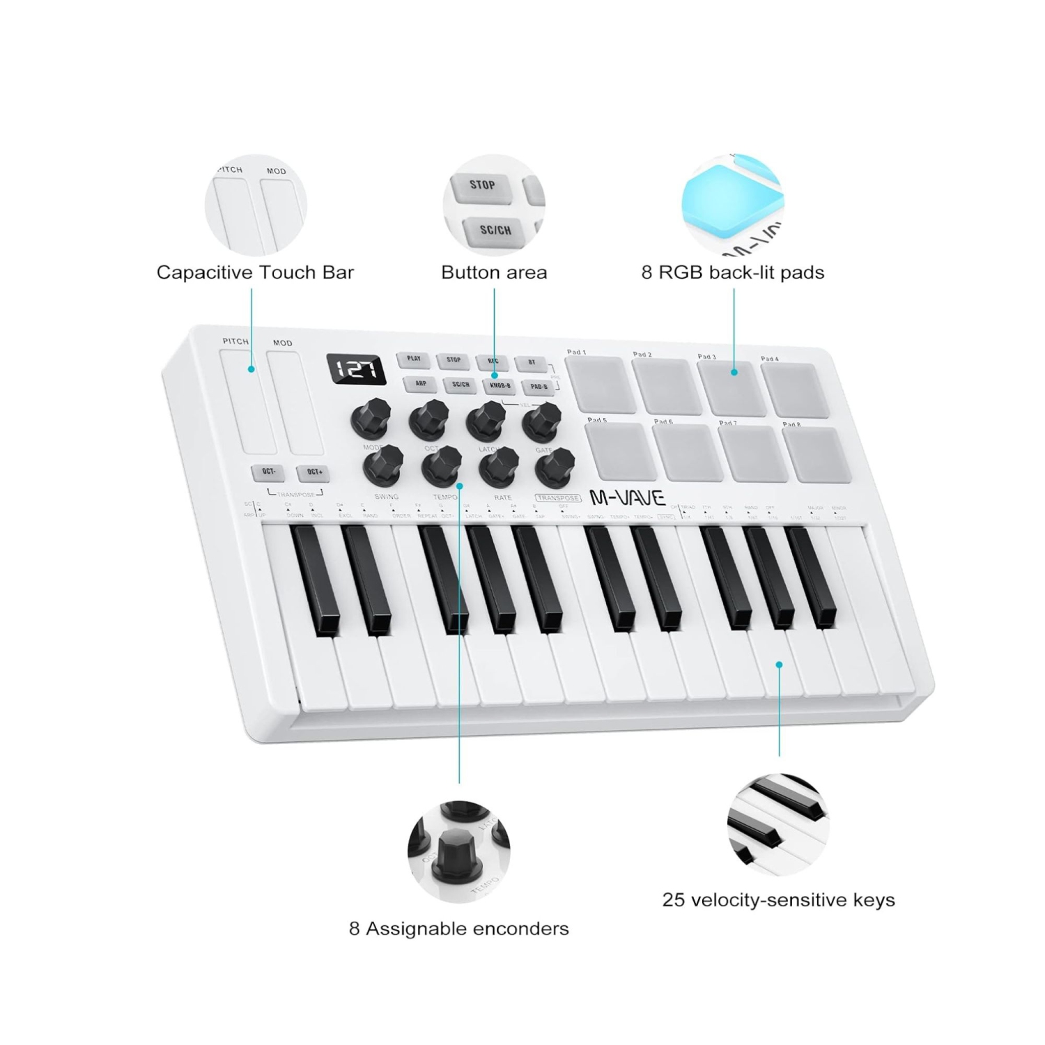 Clavier MIDI Bluetooth de M-WAVE - Clavier de contrôle à pavé numérique à 25 touches avec tambours, boutons - Blanc