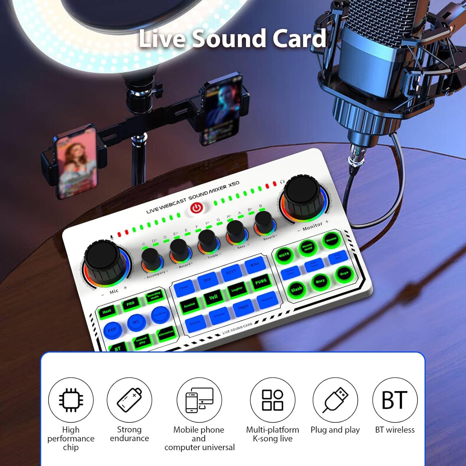 Sound Card for Live Streaming,Audio Mixer,Live Sound Card Equipment for Live Singing Dedicated to Mobile Phones and Computers Universal OTG Digital