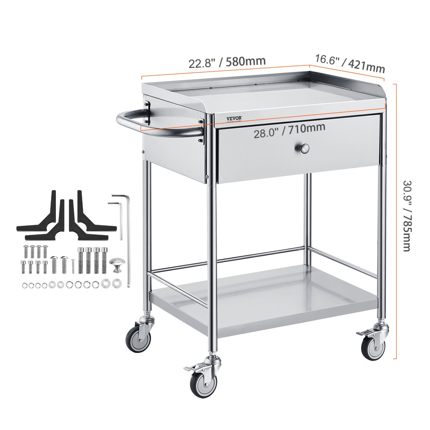 &nbsp;&nbsp;Chariot médical VEVOR à 2 couches, chariot en acier inoxydable&nbsp;220&nbsp;lb,&nbsp;chariot utilitaire de laboratoire&nbsp;avec roues