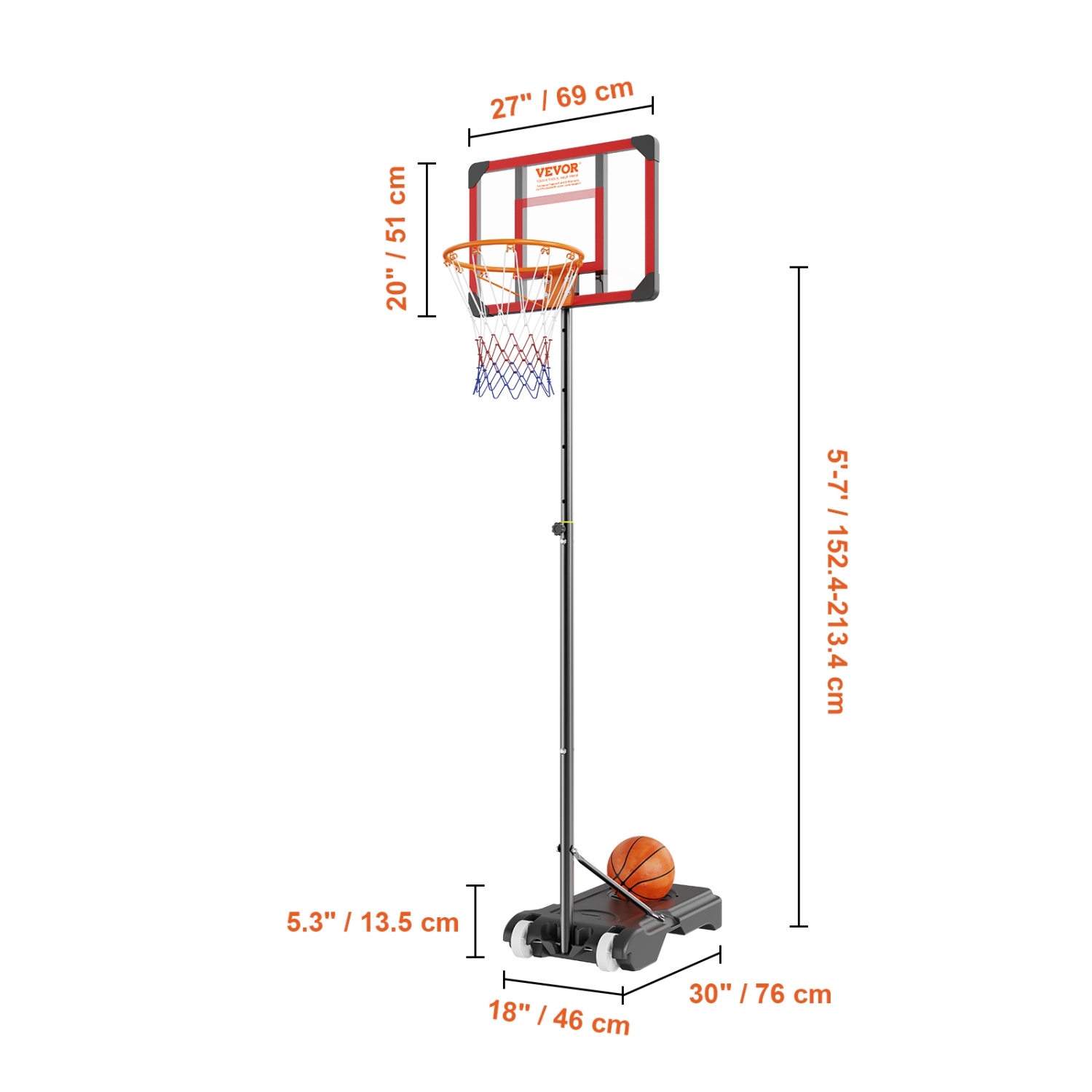 VEVOR 5-7 ft Basketball Hoop, Adjustable Height Portable Backboard System, 28 inch Basketball Hoop & Goal, Kids & Adults Basketball Set with Wheels,