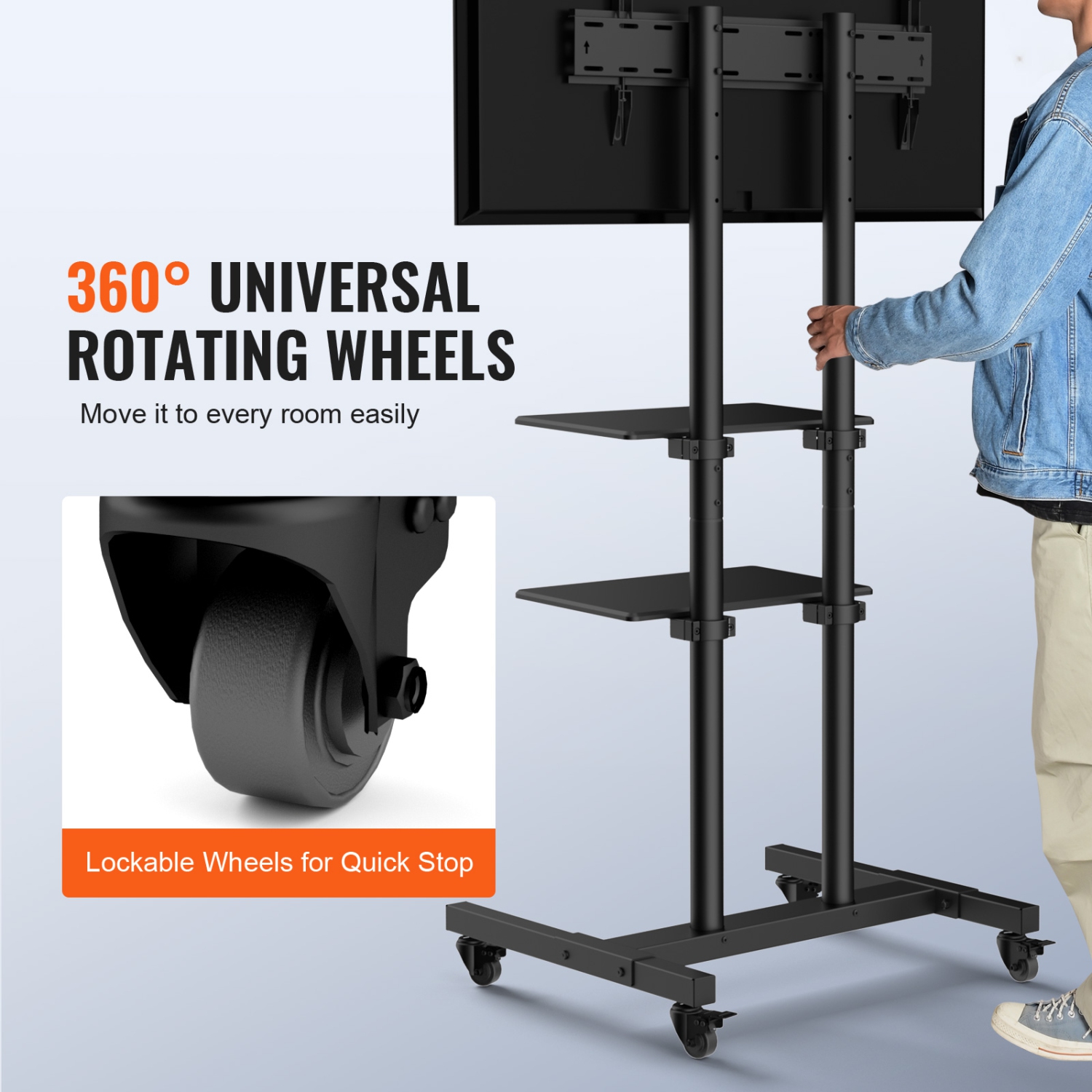 VEVOR 32 to 70 inch Mobile TV Stand, Mobile TV Cart, Height Adjustable Portable TV Stand with Wheels, Double Tray for Audio-Visual Devices, Rolling