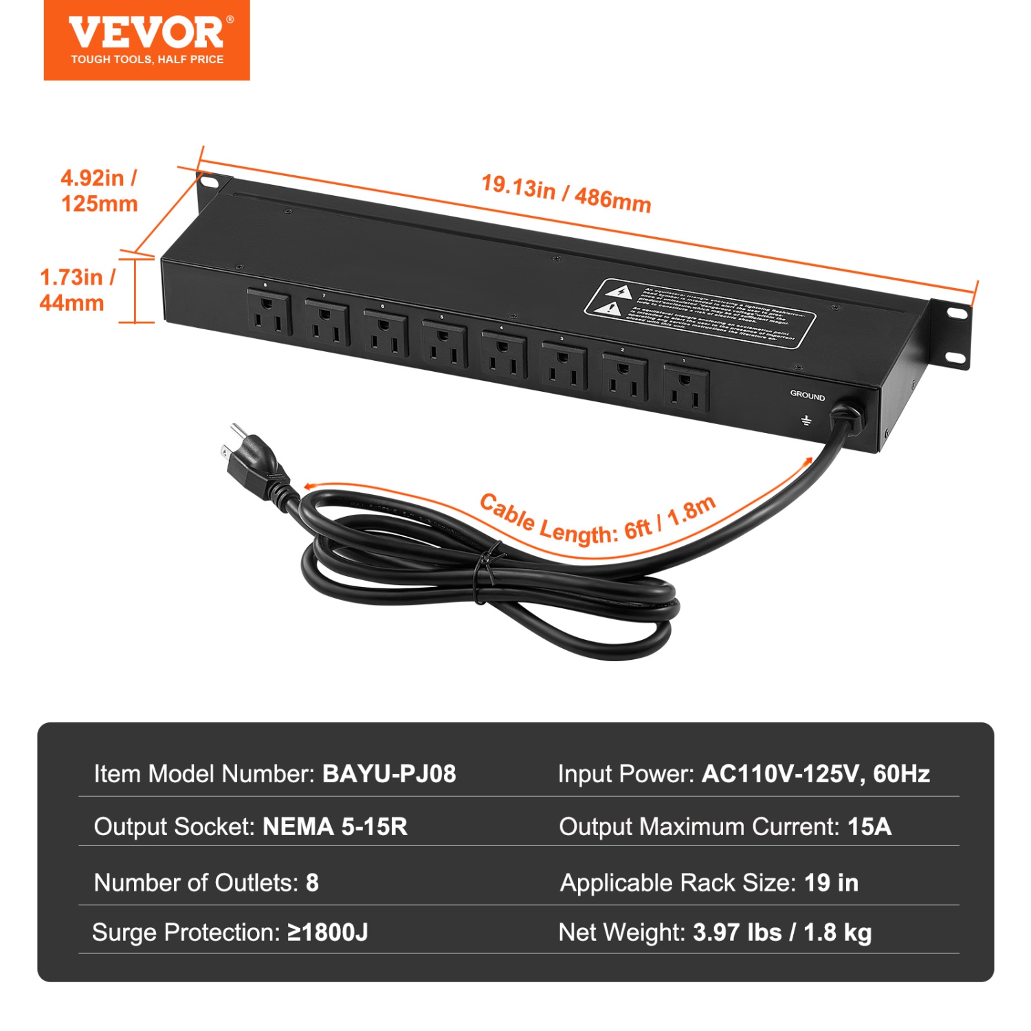 VEVOR 1U PDU, 8 Outlets, Rack Mount Power Strip Fits Standard 19" Server Racks,with Integrated Switch Surge Protection & Overload