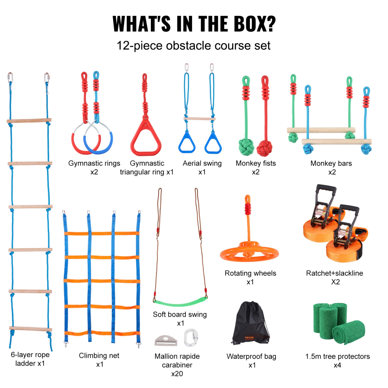 VEVOR Ninja Warrior Obstacle Course for Kids, 2 x 65 ft Weatherproof Slacklines, 500lbs Weight Capacity Monkey Line, Outdoor Playset Equipment,