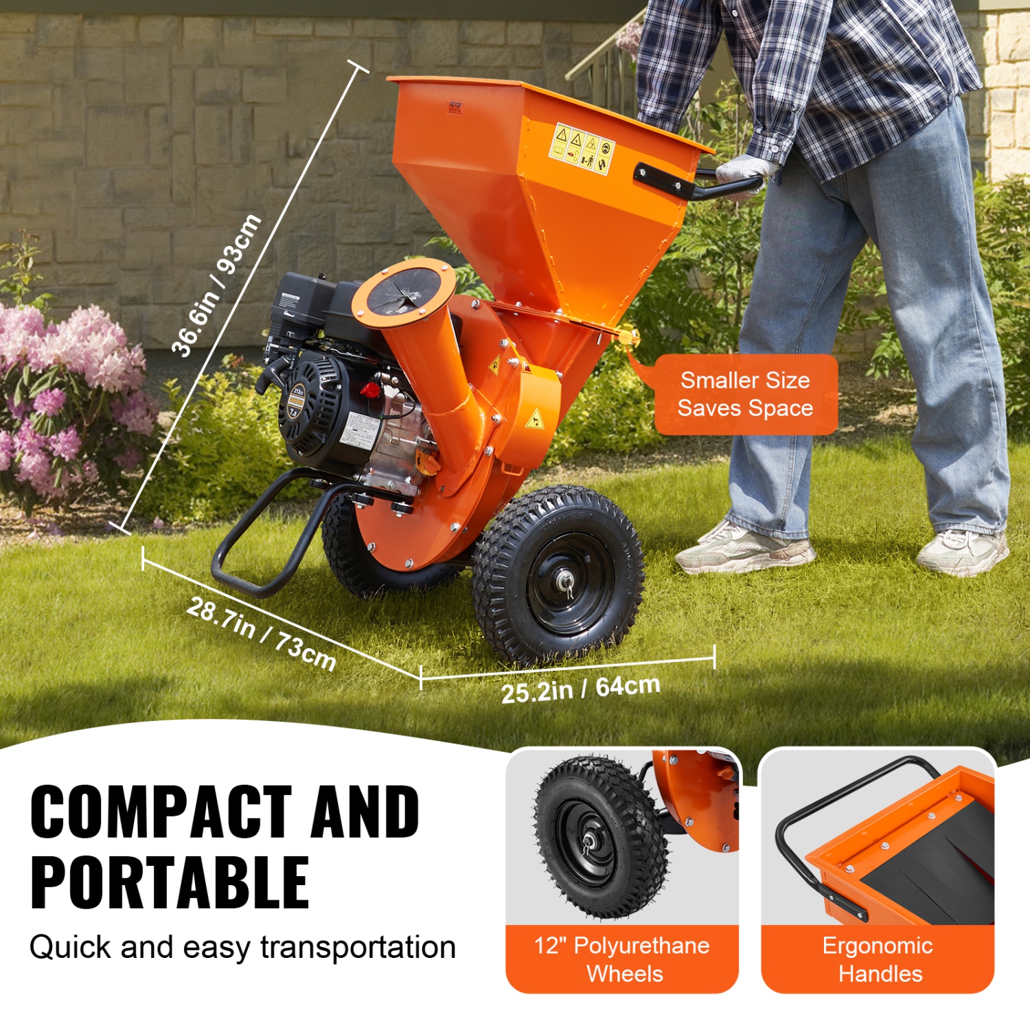 VEVOR Wood Chipper Shredder Mulcher, 7HP Heavy Duty Gas Powered Engine, 3” Max Diameter 212cc 4.1 kW, 4-Stroke 3-in-1 Woodchipper, Fast Chipping