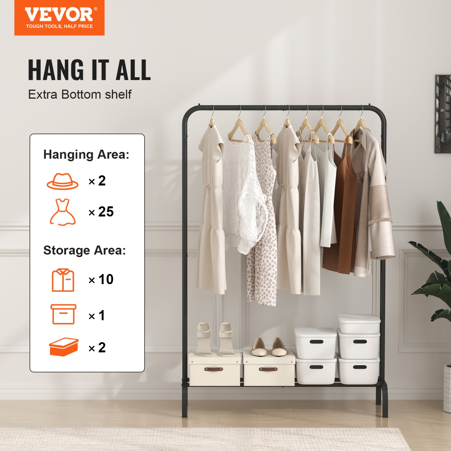 VEVOR Clothes Rack, Heavy Duty Clothing Garment Rack with Hanging Rod and Bottom Storage Area, Clothing Rack for Bedroom Guest Room