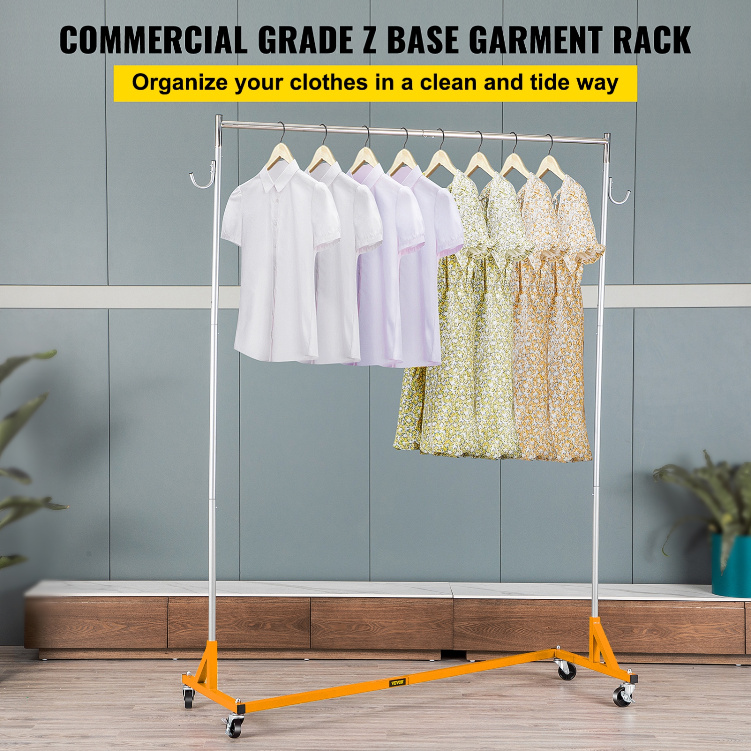 VEVOR Z Rack, Industrial Grade Z Base Garment Rack, Height Adjustable Rolling Z Garment Rack, Sturdy Steel Z Base Clothing Rack with Lockable