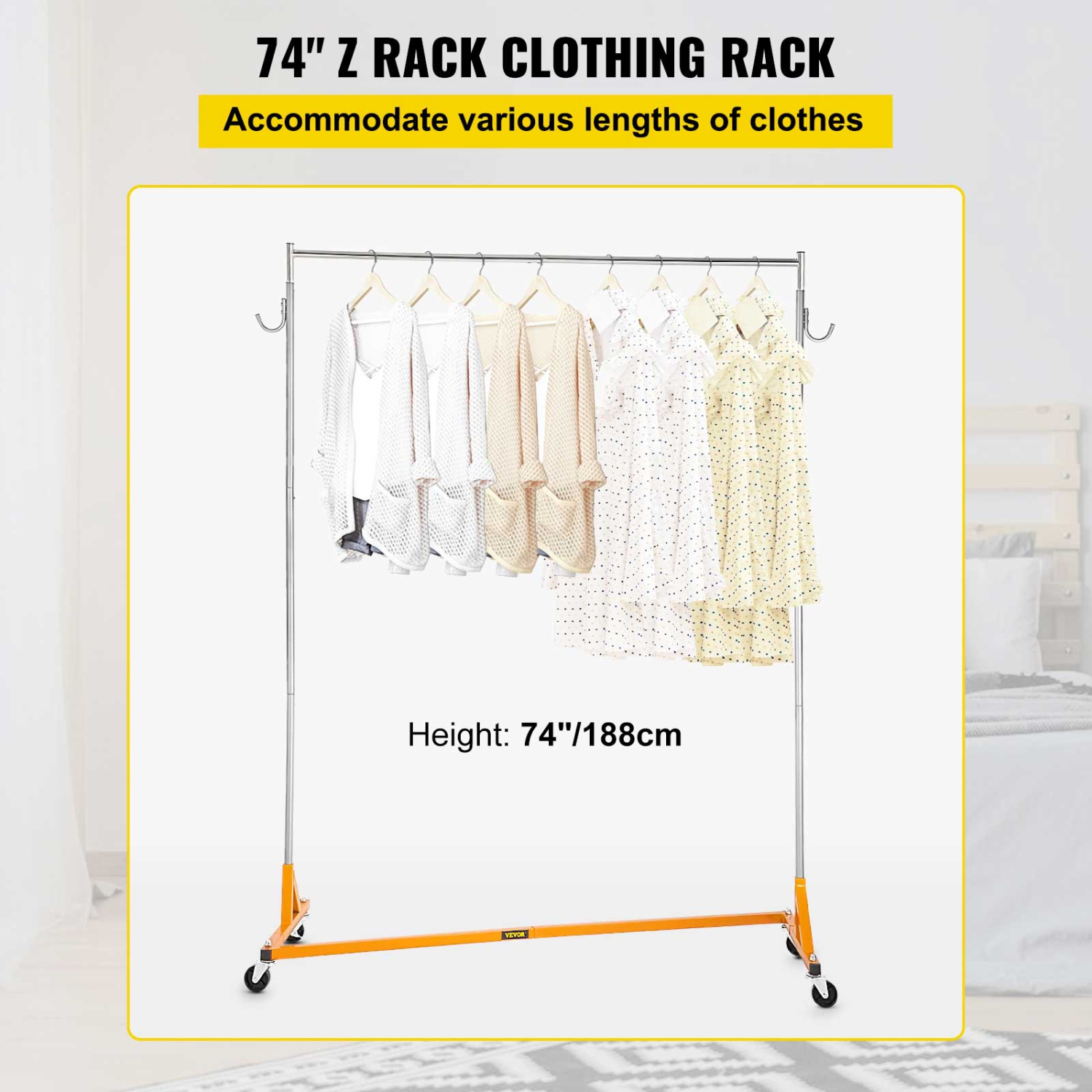 VEVOR Z Rack, Industrial Grade Z Base Garment Rack, Height Adjustable Rolling Z Garment Rack, Sturdy Steel Z Base Clothing Rack with Lockable