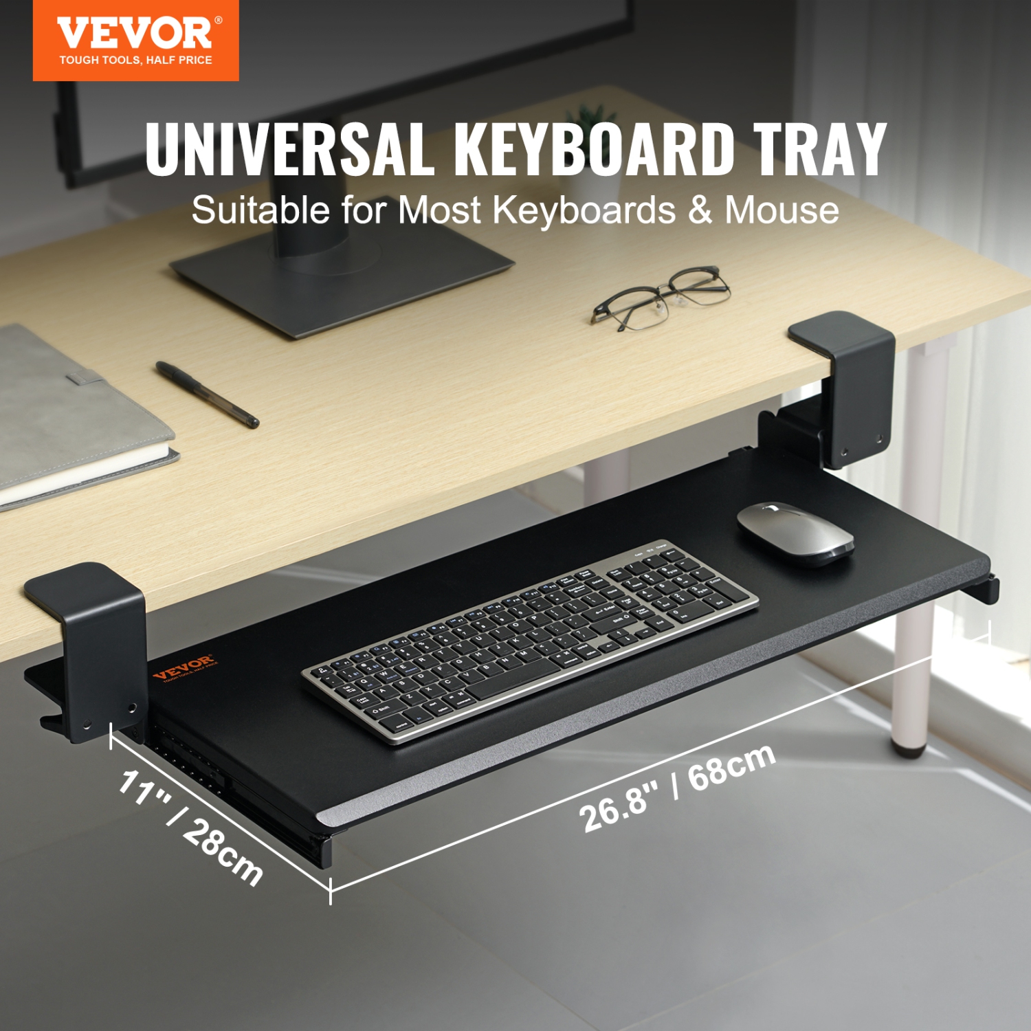 VEVOR 26.8 x 11 inch Clamp on Keyboard Tray Under Desk, Desk Keyboard Tray Slide out with Sturdy No-drill C Clamp Mount, Large Slide-out Computer