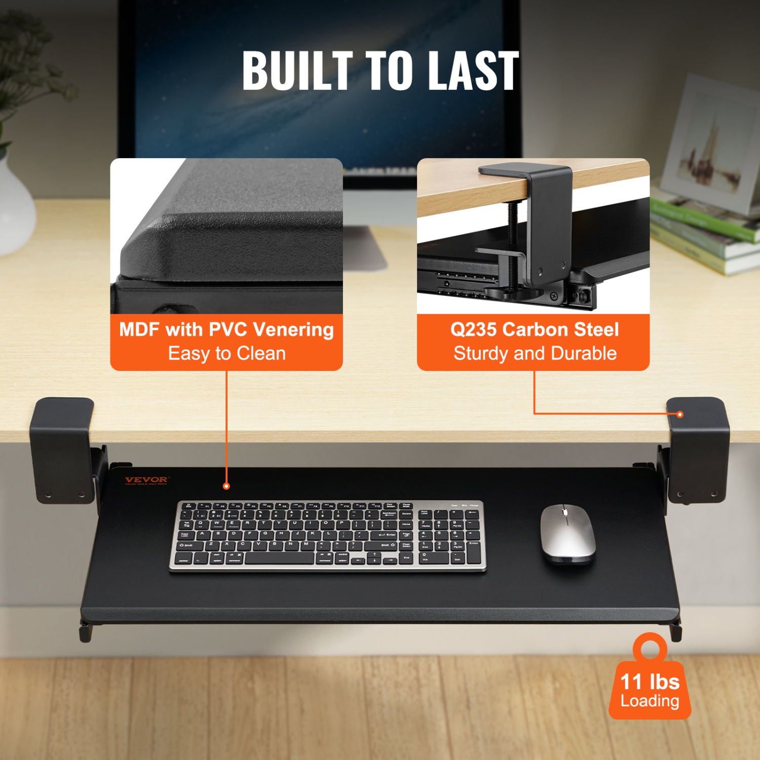 VEVOR 26.8 x 11 inch Clamp on Keyboard Tray Under Desk, Desk Keyboard Tray Slide out with Sturdy No-drill C Clamp Mount, Large Slide-out Computer